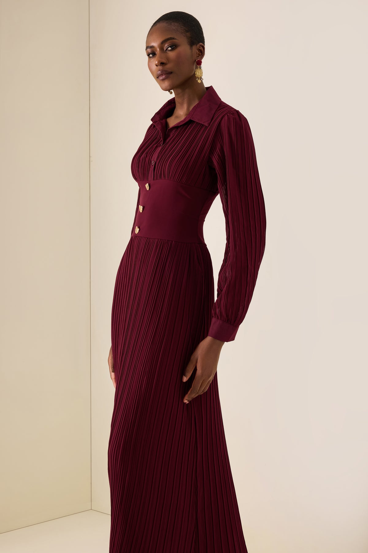 Pleat Long Sleeve Midi Dress