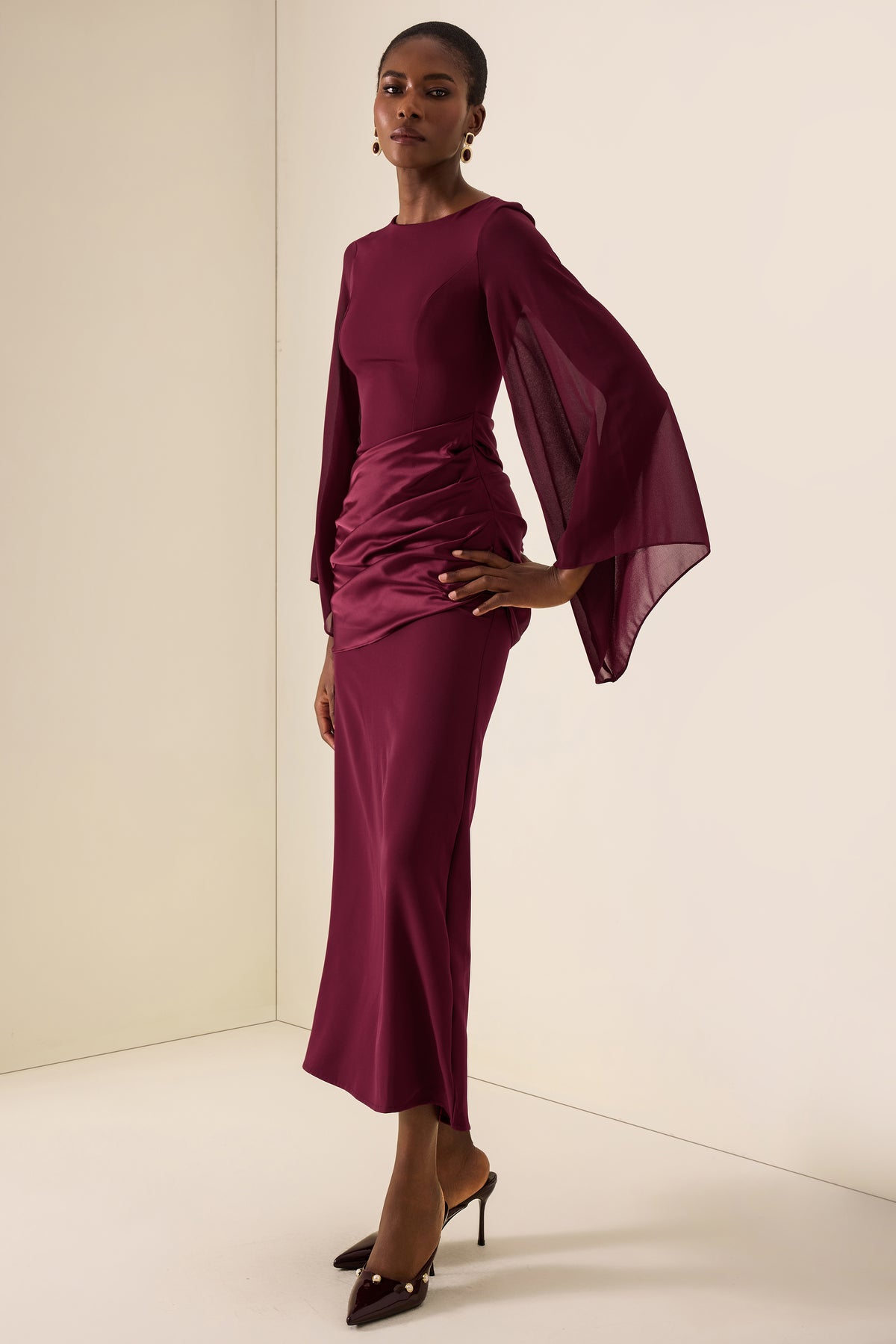 Waterfall Sleeves Pleated Maxi Dress