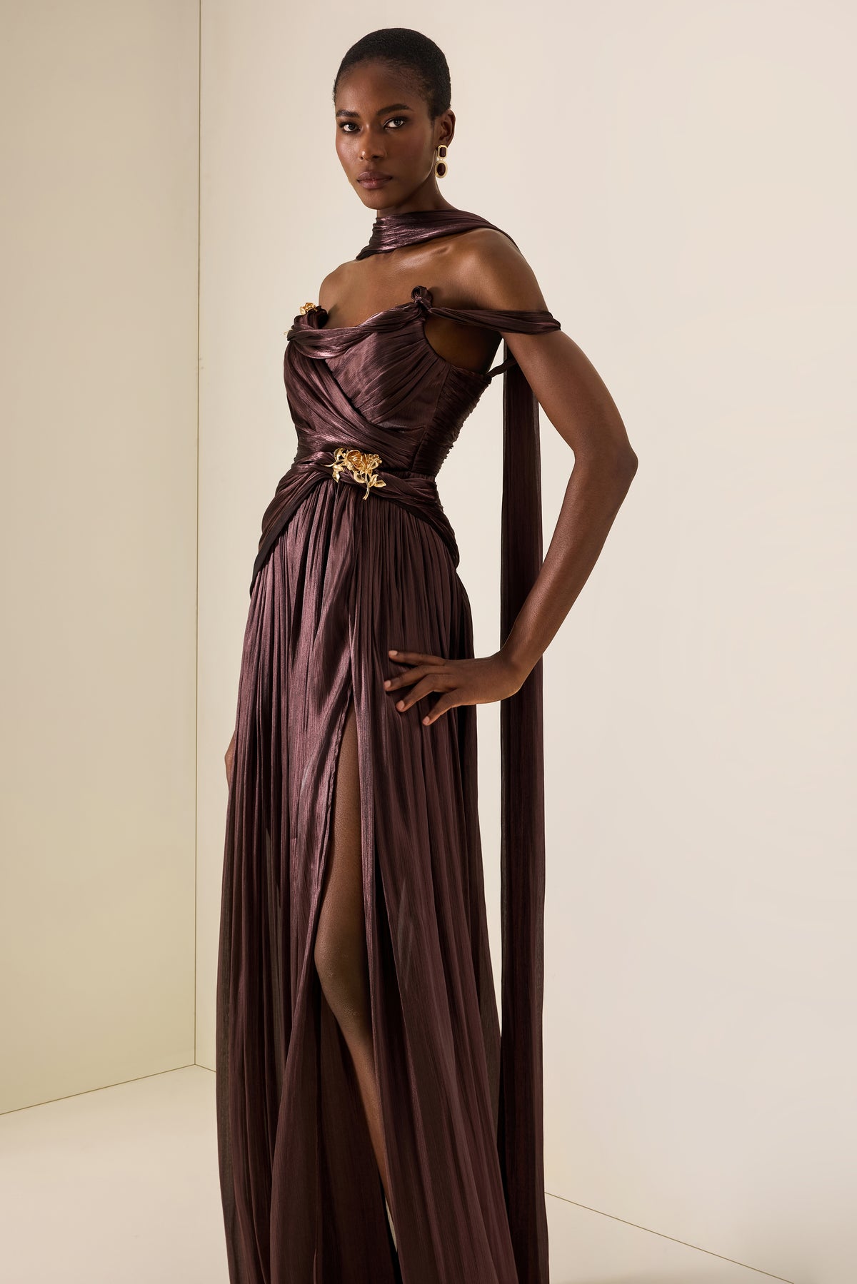 Metal Decorations Ruched Off Shoulder Maxi Dress