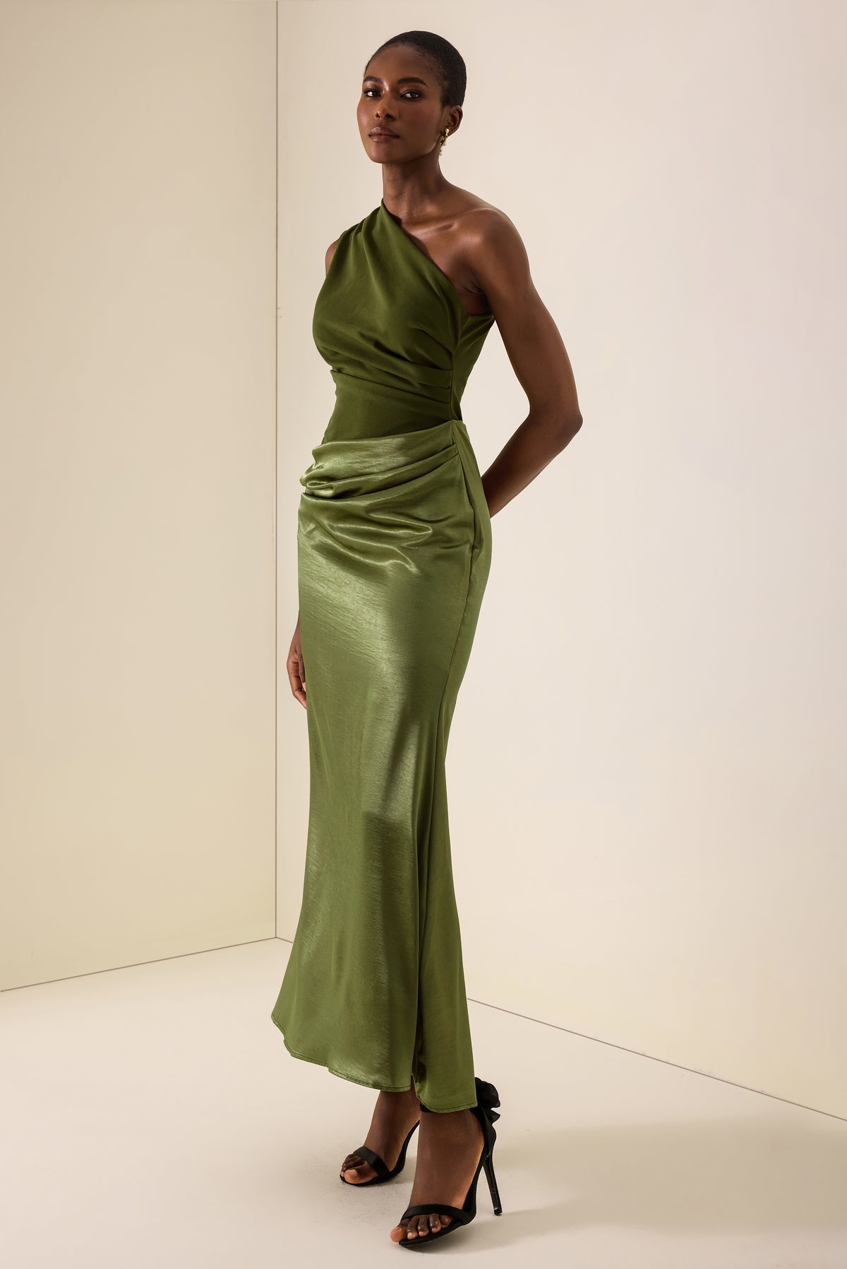 One Shoulder Pleat Maxi Dress