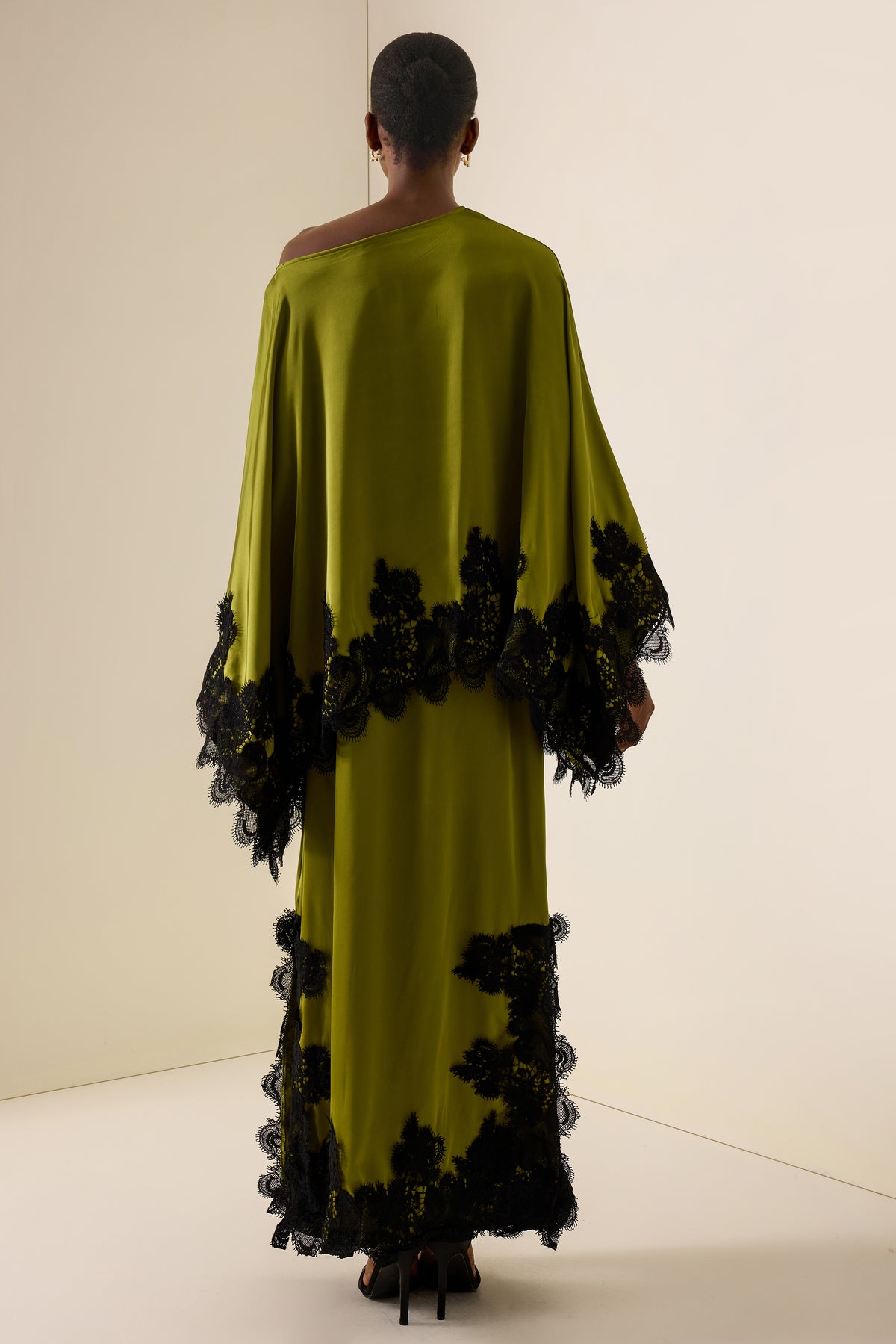 Lace Skew Collar Batwing Sleeve Top & Mid Waist Maxi Skirt Set