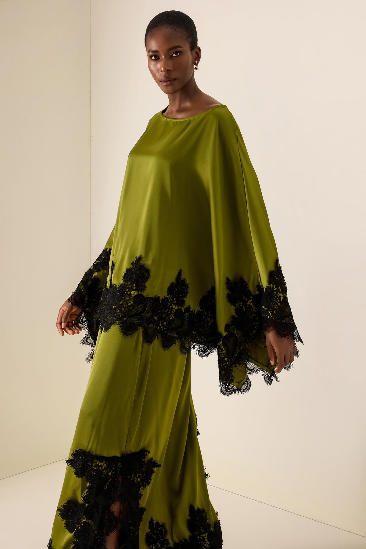 Lace Skew Collar Batwing Sleeve Top & Mid Waist Maxi Skirt Set