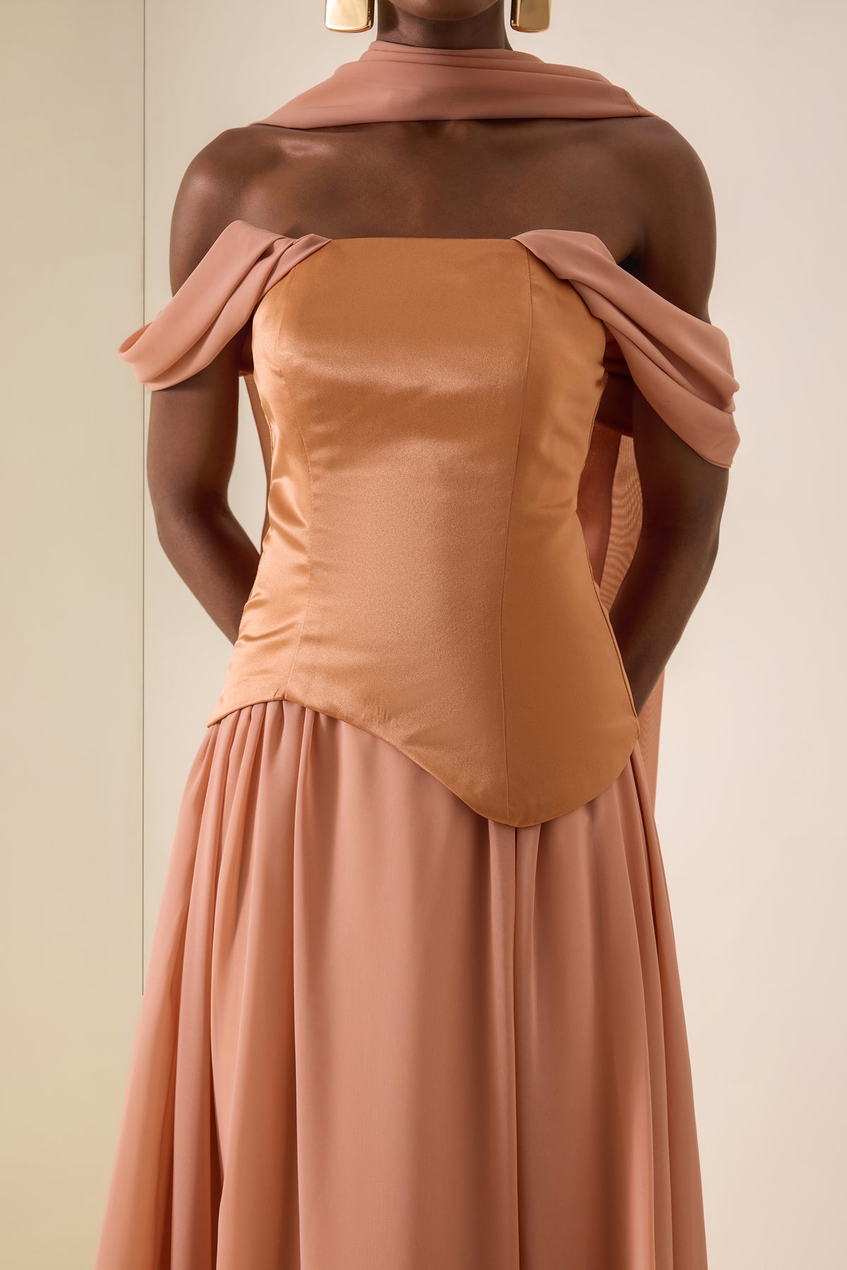 Ruched Off Shoulder Maxi Dress With Ribbon