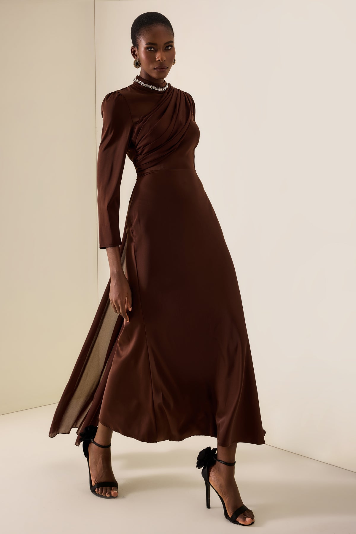 Rhinestone Rivets Satin Asymmetrical Midi Dress
