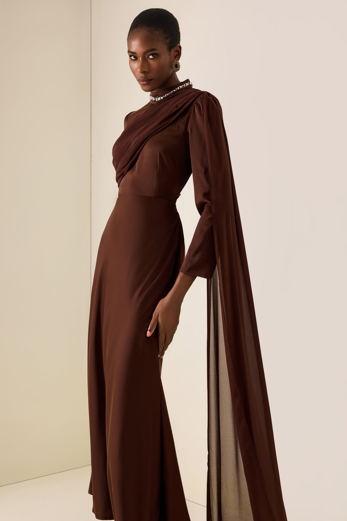 Rhinestone Rivets Satin Asymmetrical Midi Dress