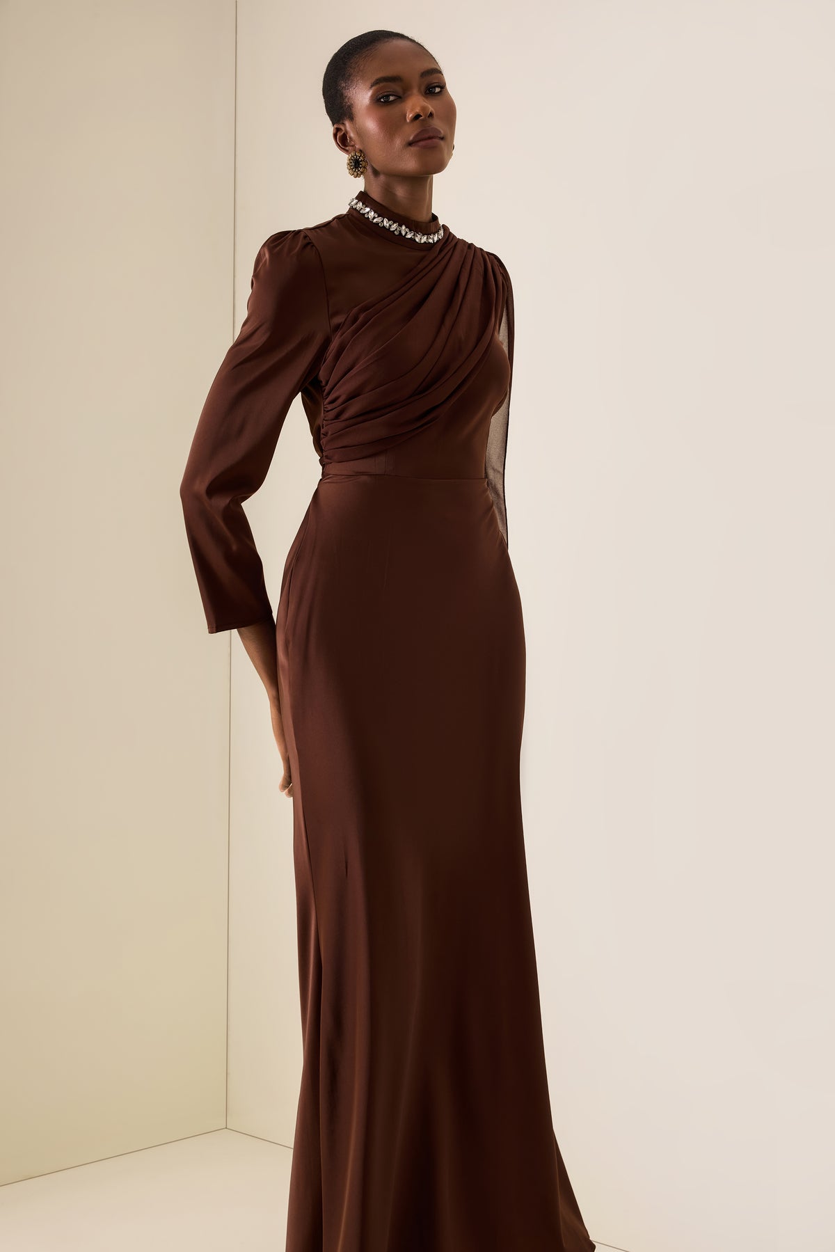 Rhinestone Rivets Satin Asymmetrical Midi Dress
