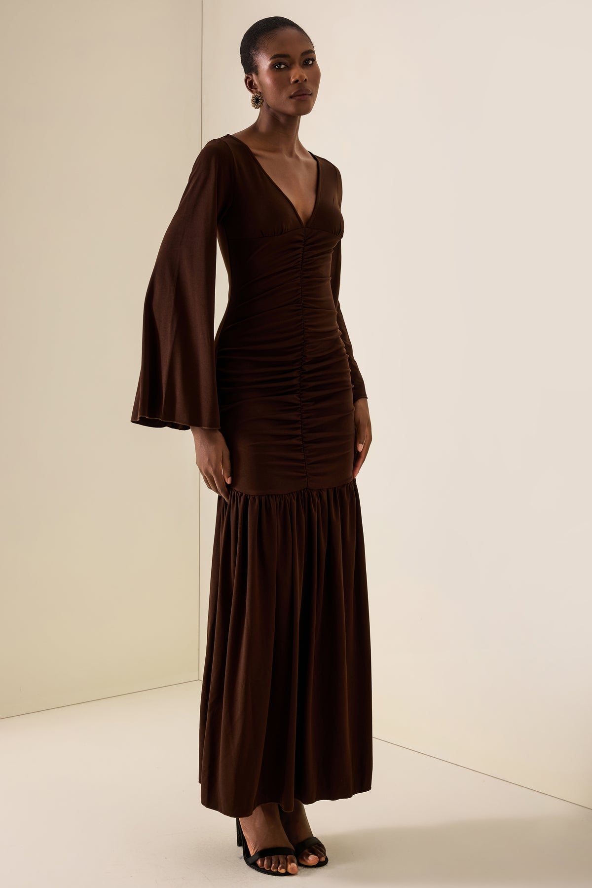 V-Neck Bell Sleeve Gathering Maxi Dress