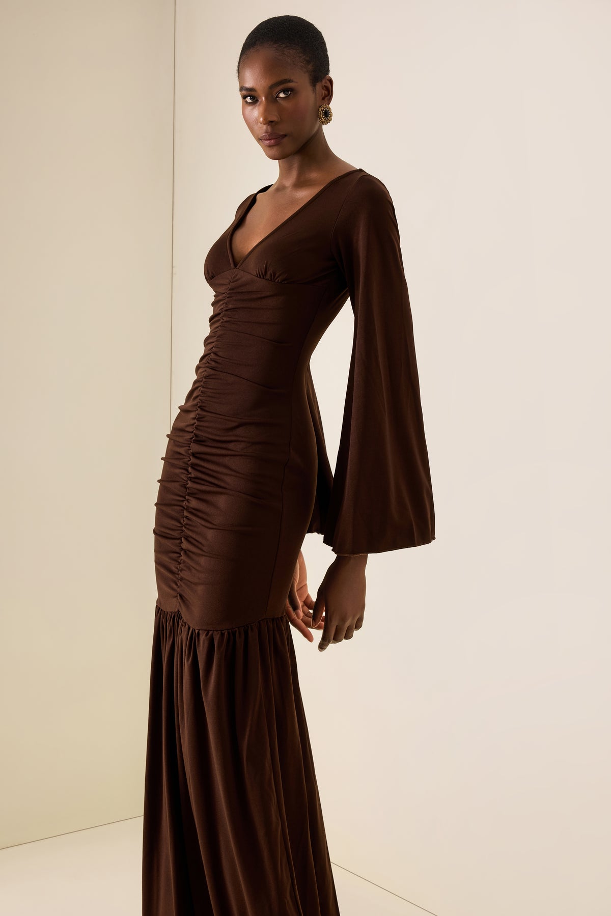 V-Neck Bell Sleeve Gathering Maxi Dress