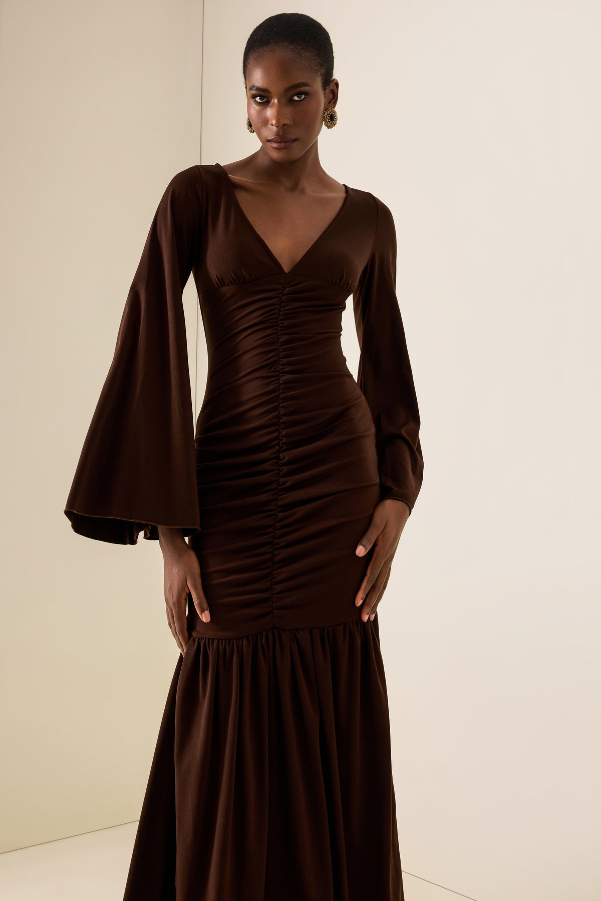 V-Neck Bell Sleeve Gathering Maxi Dress