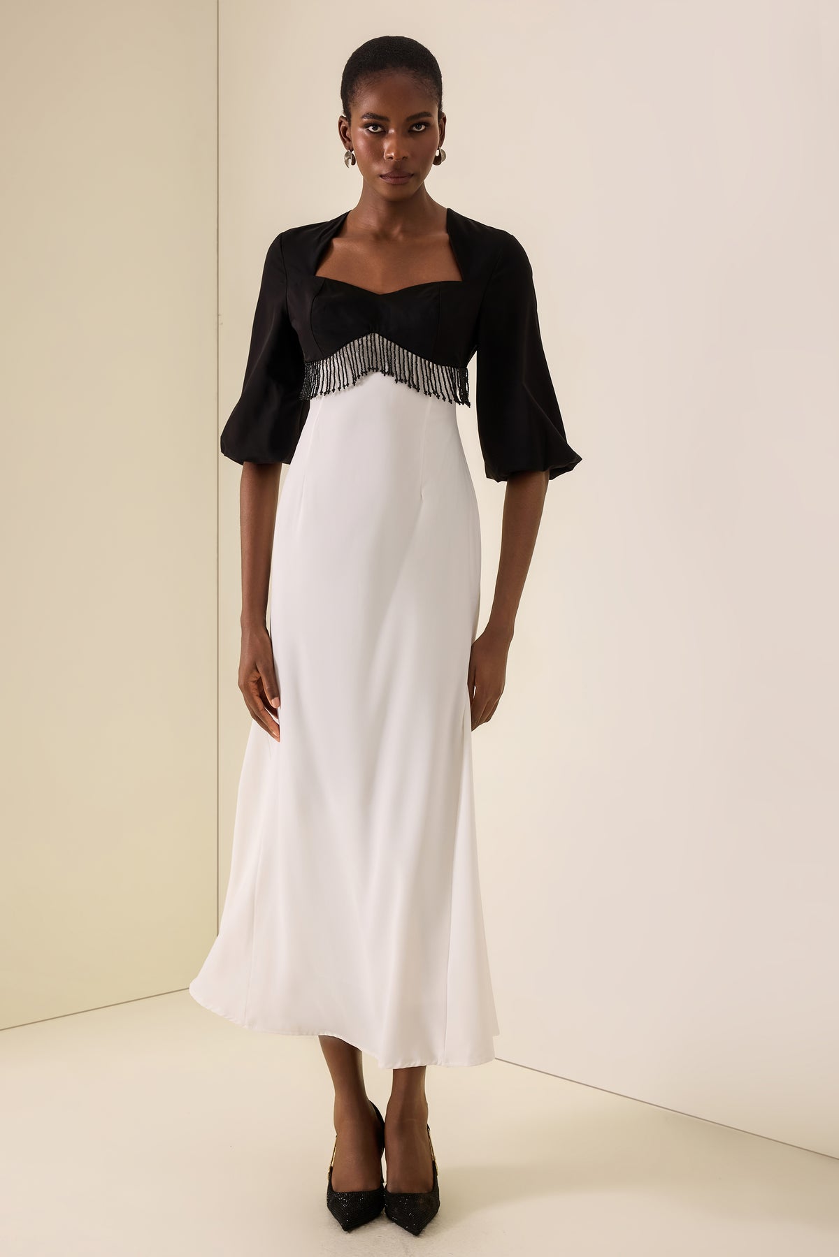 Sweetheart Neck Contrast Color Beaded Maxi Dress
