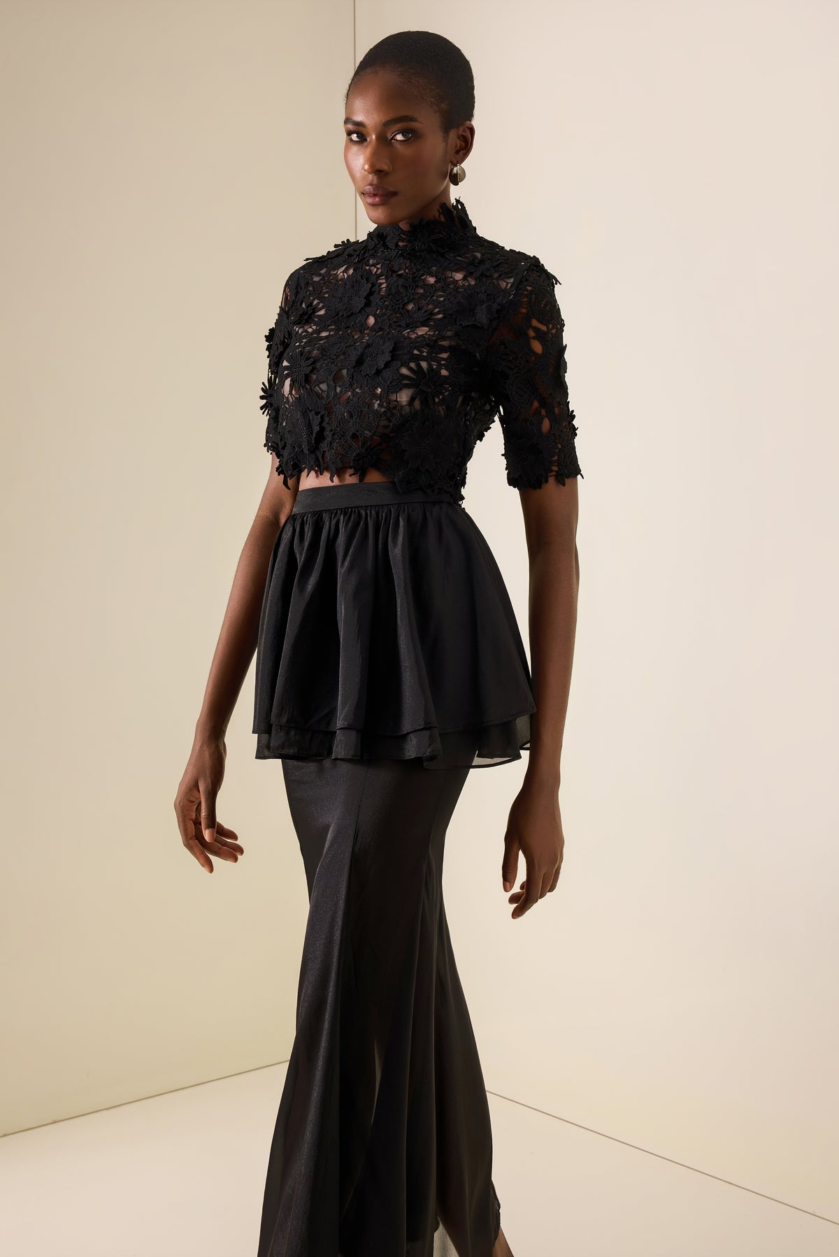 Lace Embroidered Top & Mid Waist Organza Maxi Skirt Set