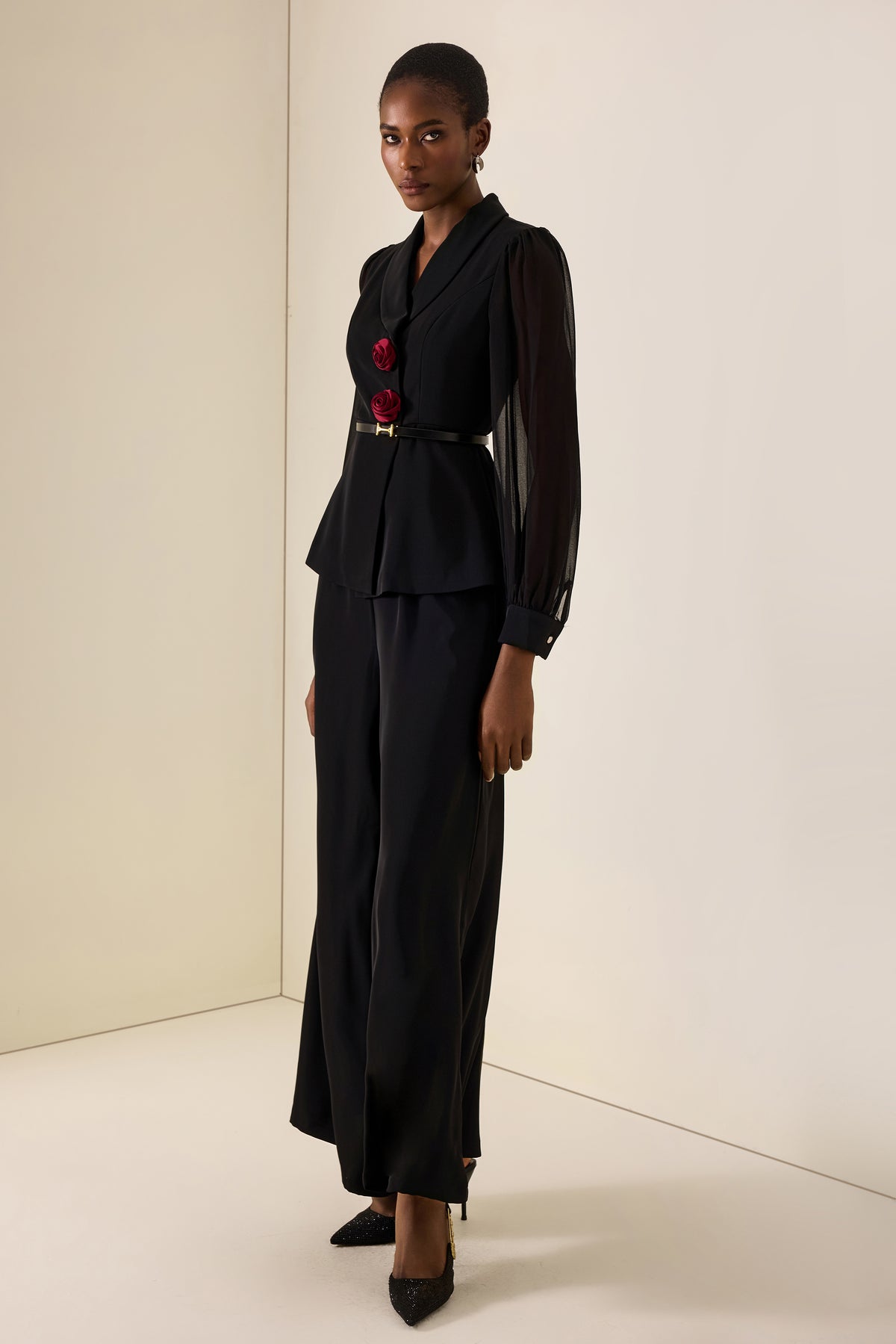 3D Flower Lantern Sleeve Blazer & High Waist Pants Set
