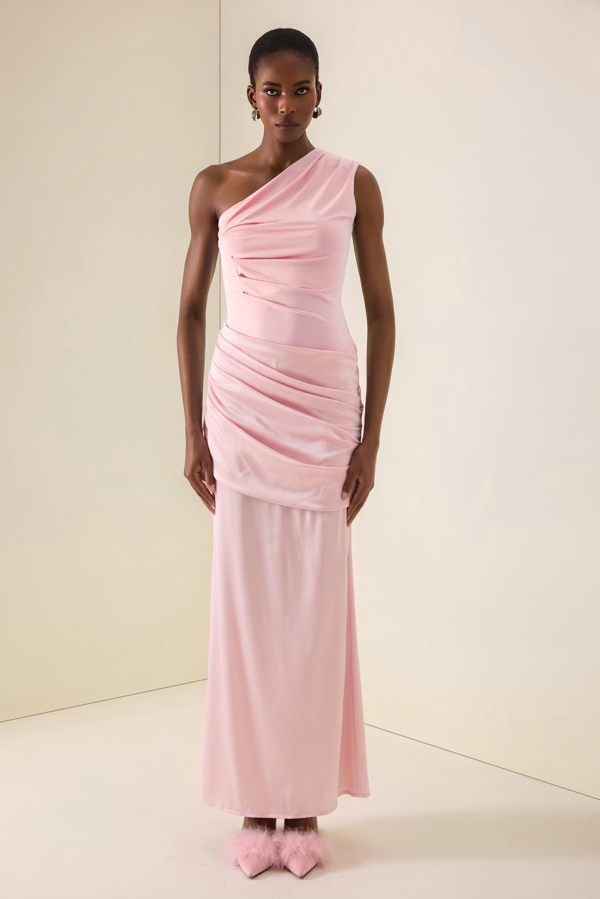 Satin Ruched One Shoulder Maxi Dress