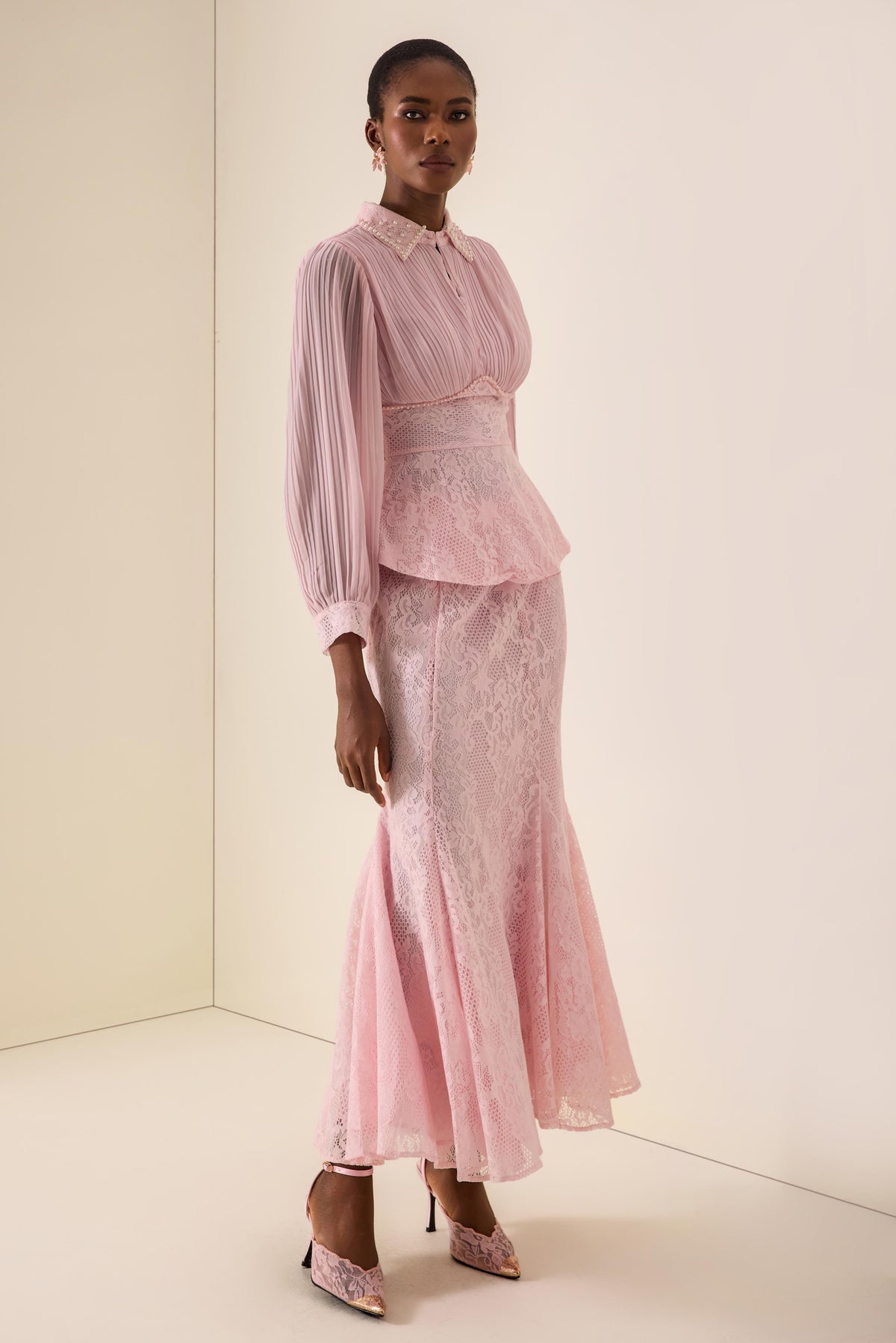 Pleated Rivet Top & High Waist Midi Skirt Set