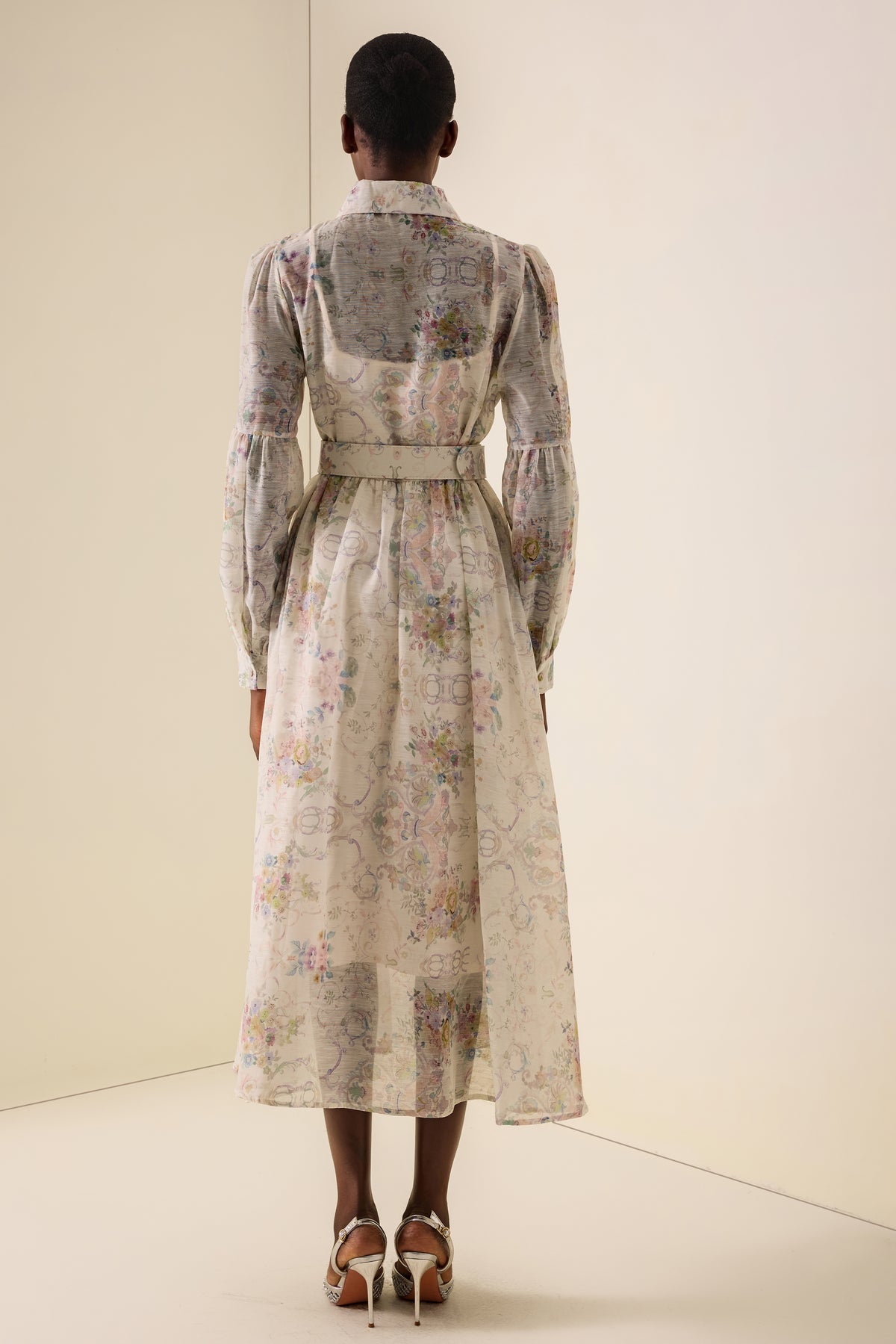 Floral Rhinestone Rivets Midi Dress With Belt
