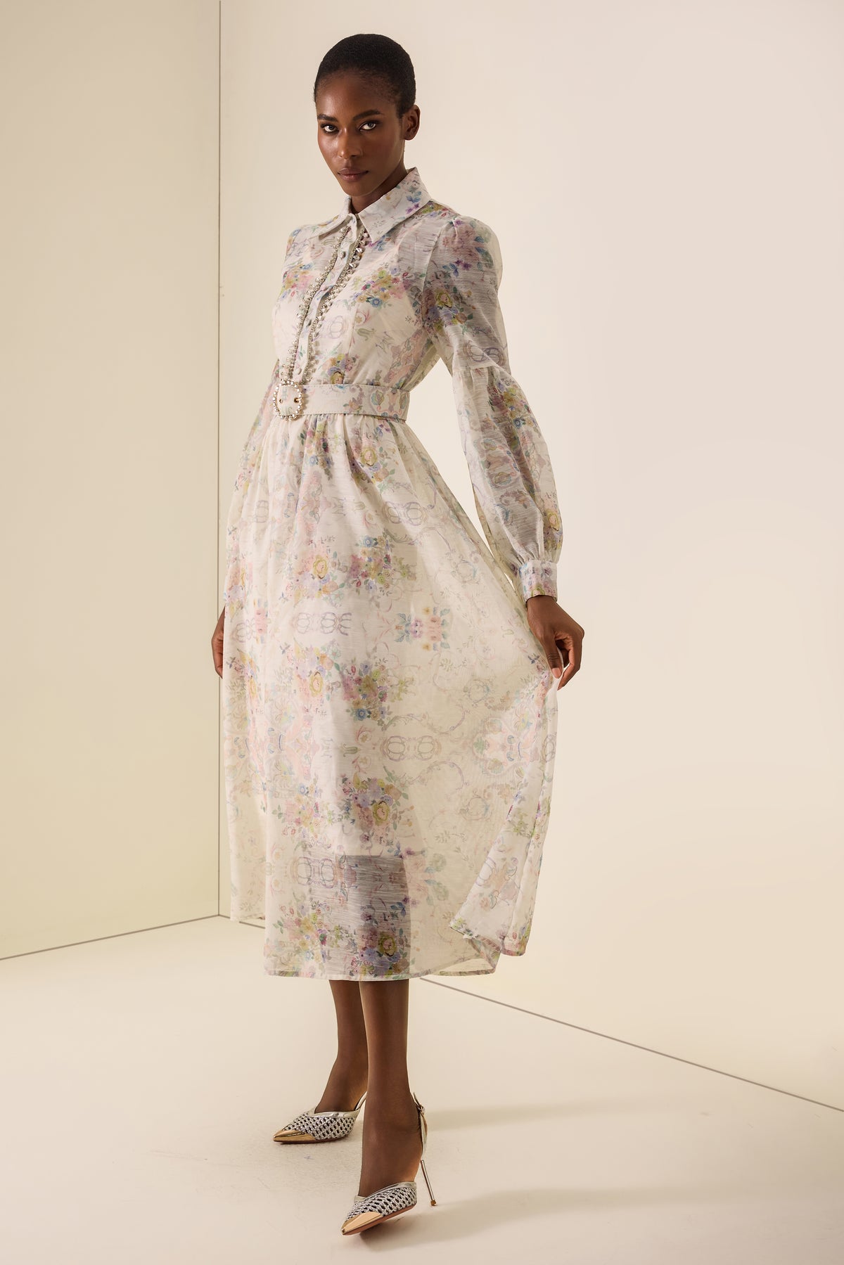 Floral Rhinestone Rivets Midi Dress With Belt