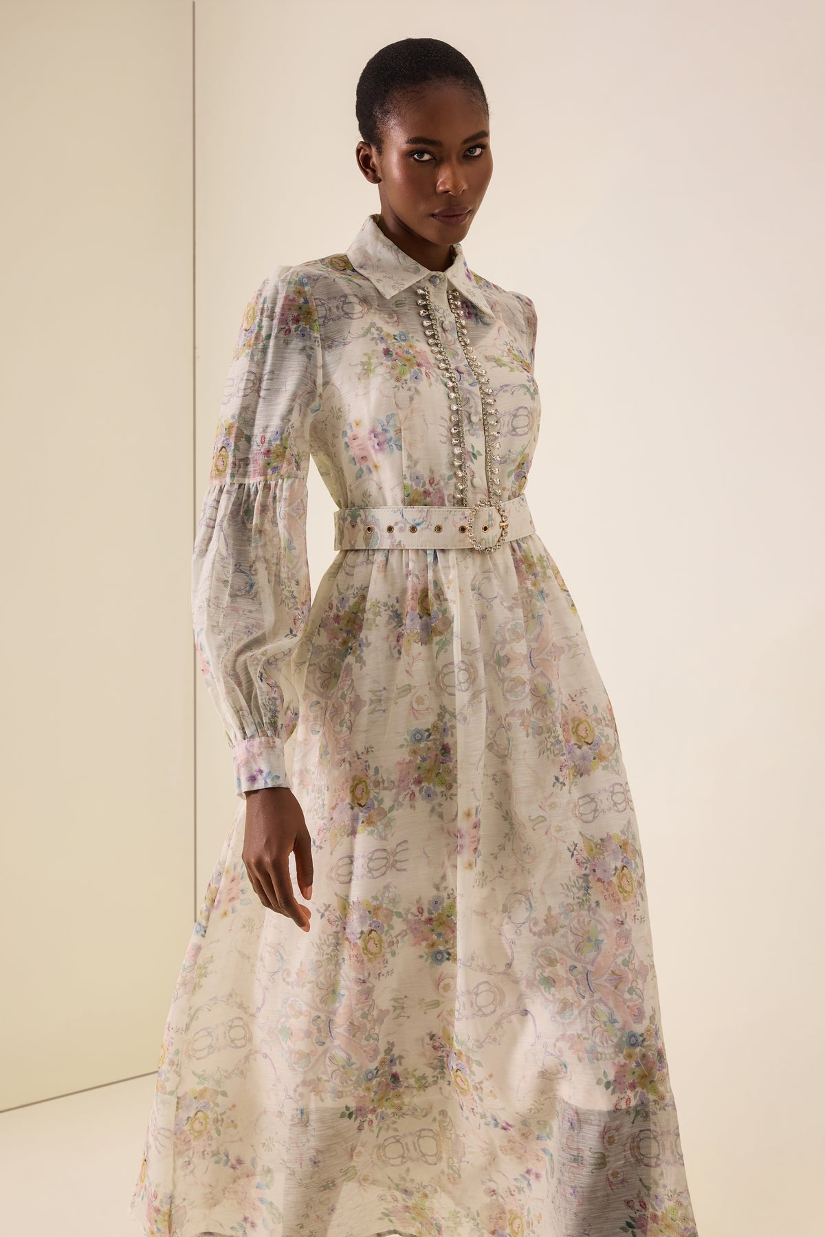 Floral Rhinestone Rivets Midi Dress With Belt
