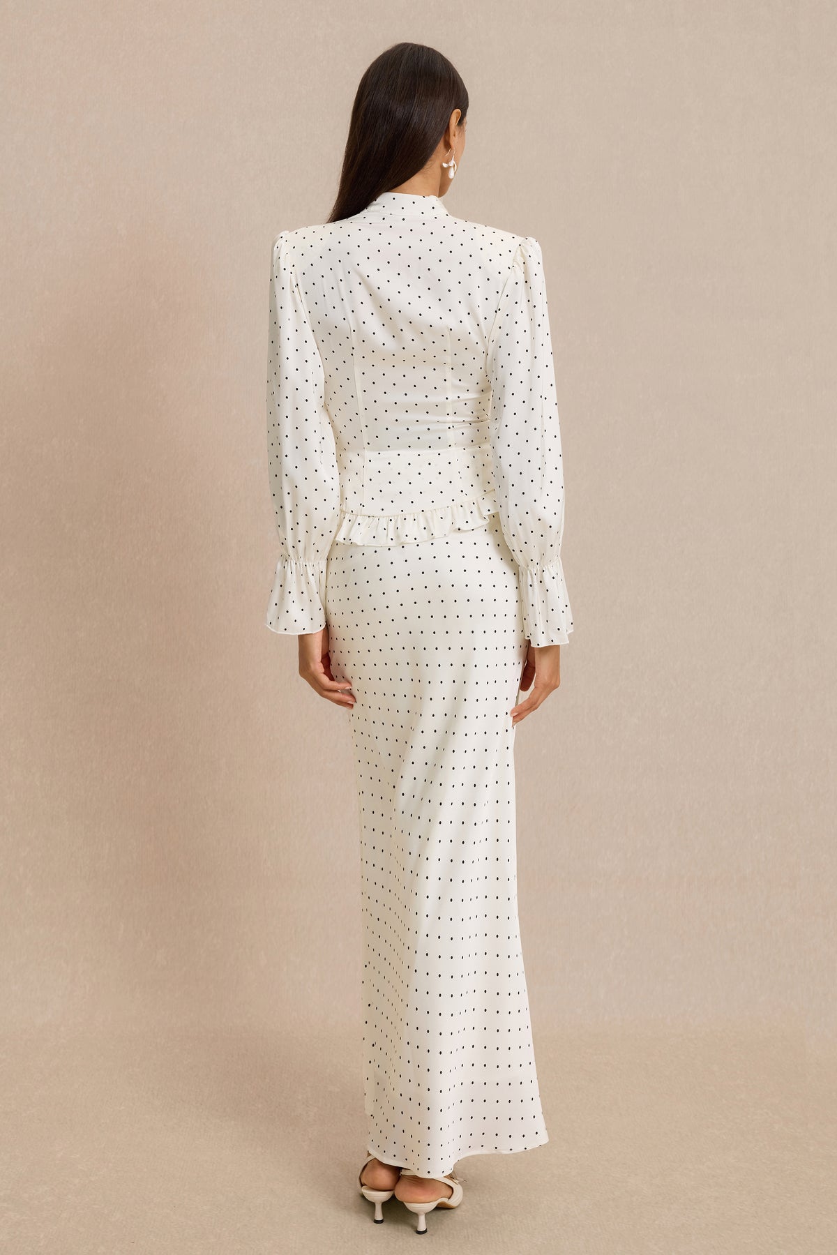 Satin Polka Dot Top & High Waist Midi Skirt Set