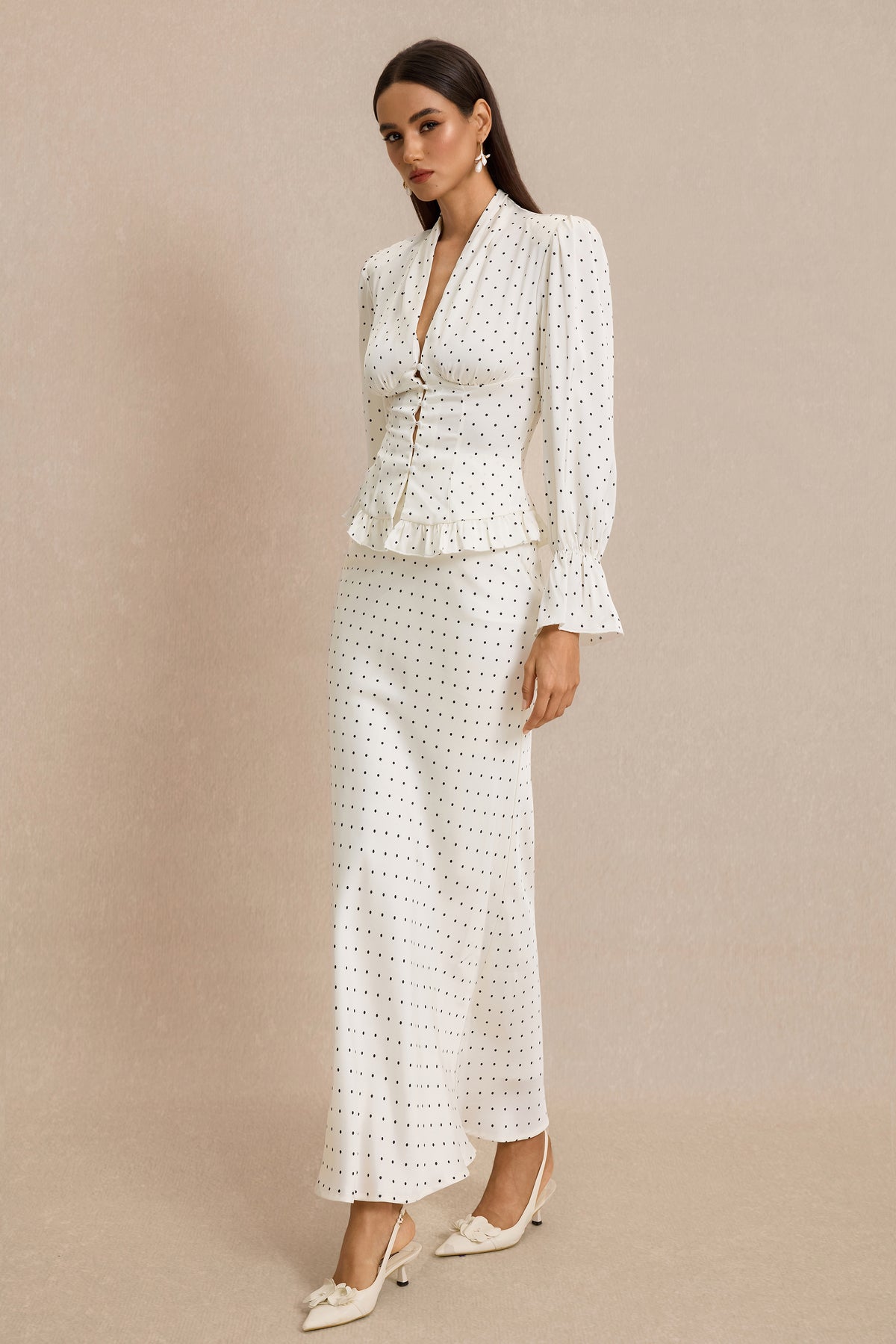 Satin Polka Dot Top & High Waist Midi Skirt Set