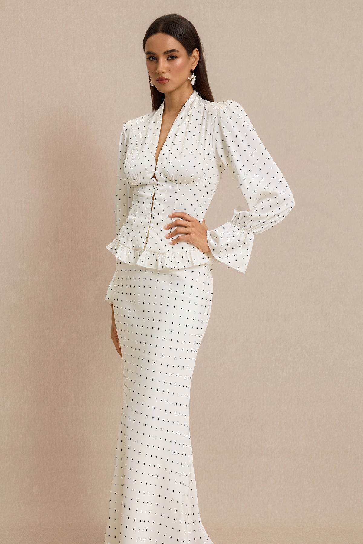 Satin Polka Dot Top & High Waist Midi Skirt Set