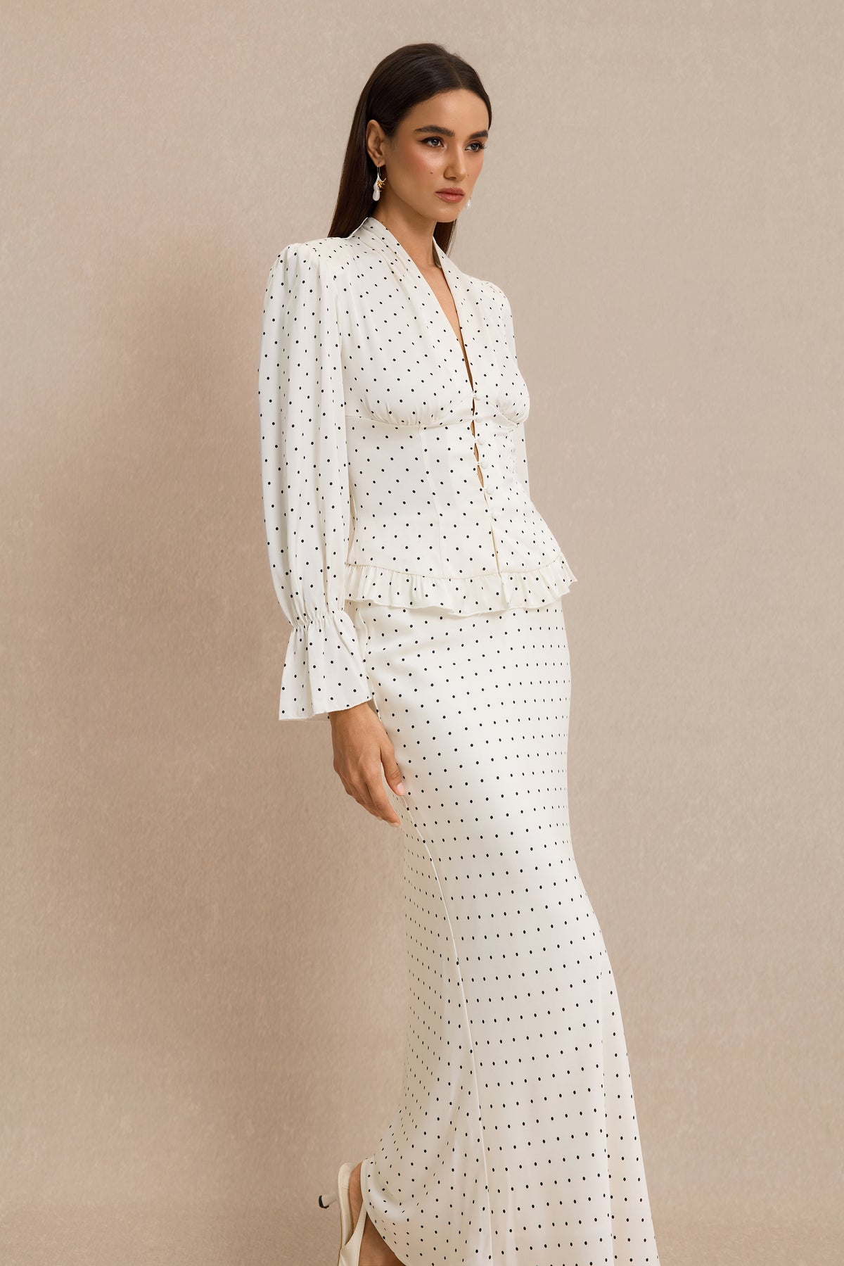 Satin Polka Dot Top & High Waist Midi Skirt Set