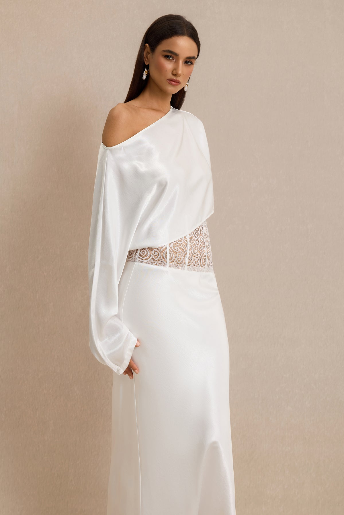 Satin Skew Collar Top & High Waist Maxi Skirt Set