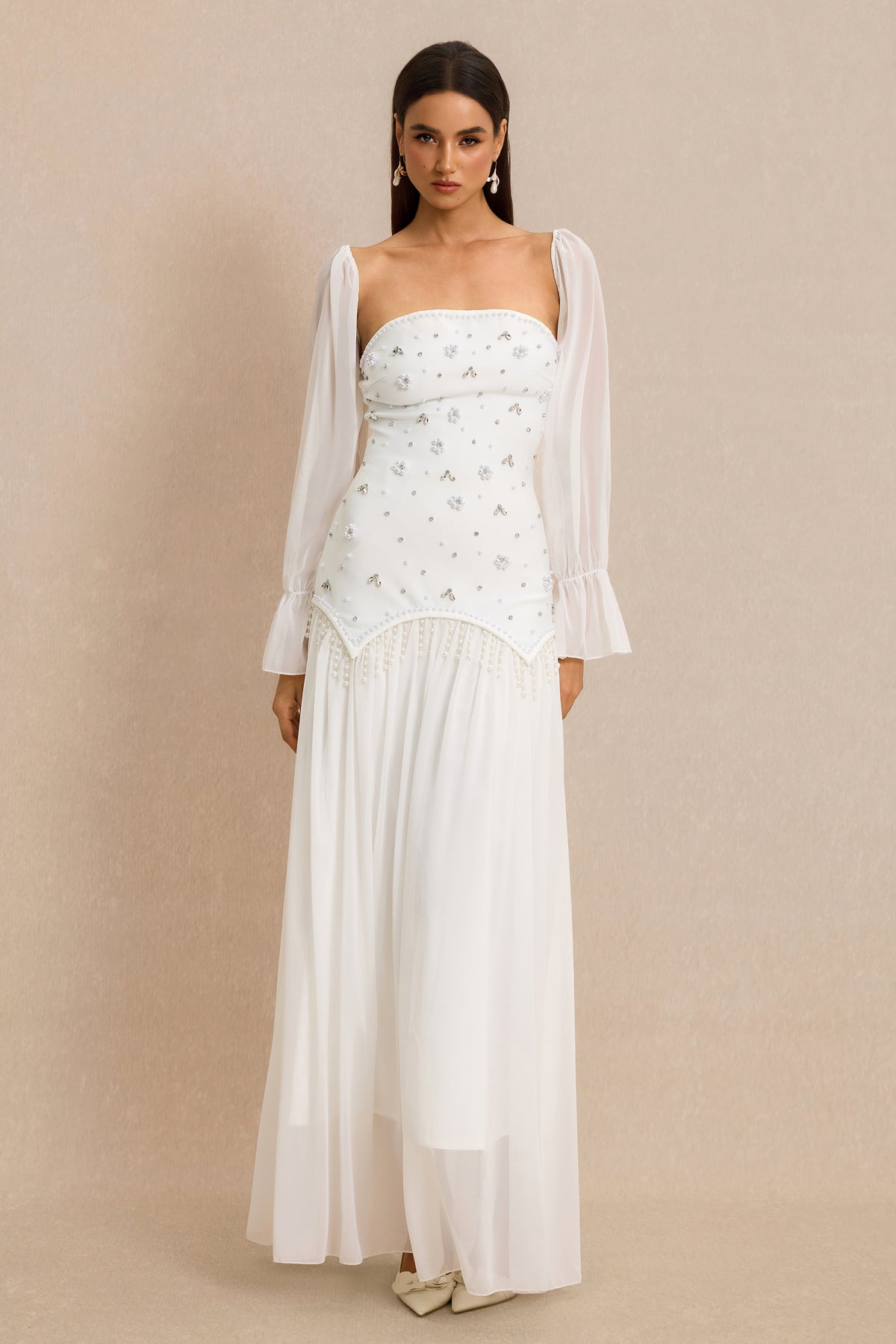 Strapless Beaded Maxi Dress With Cape