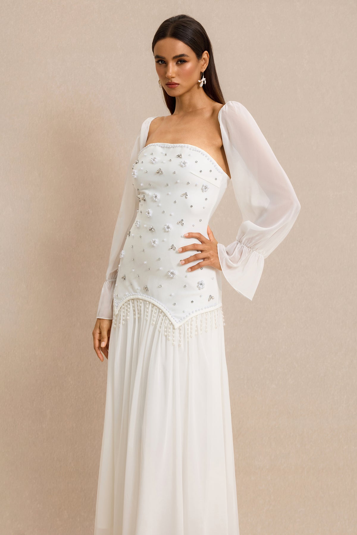 Strapless Beaded Maxi Dress With Cape