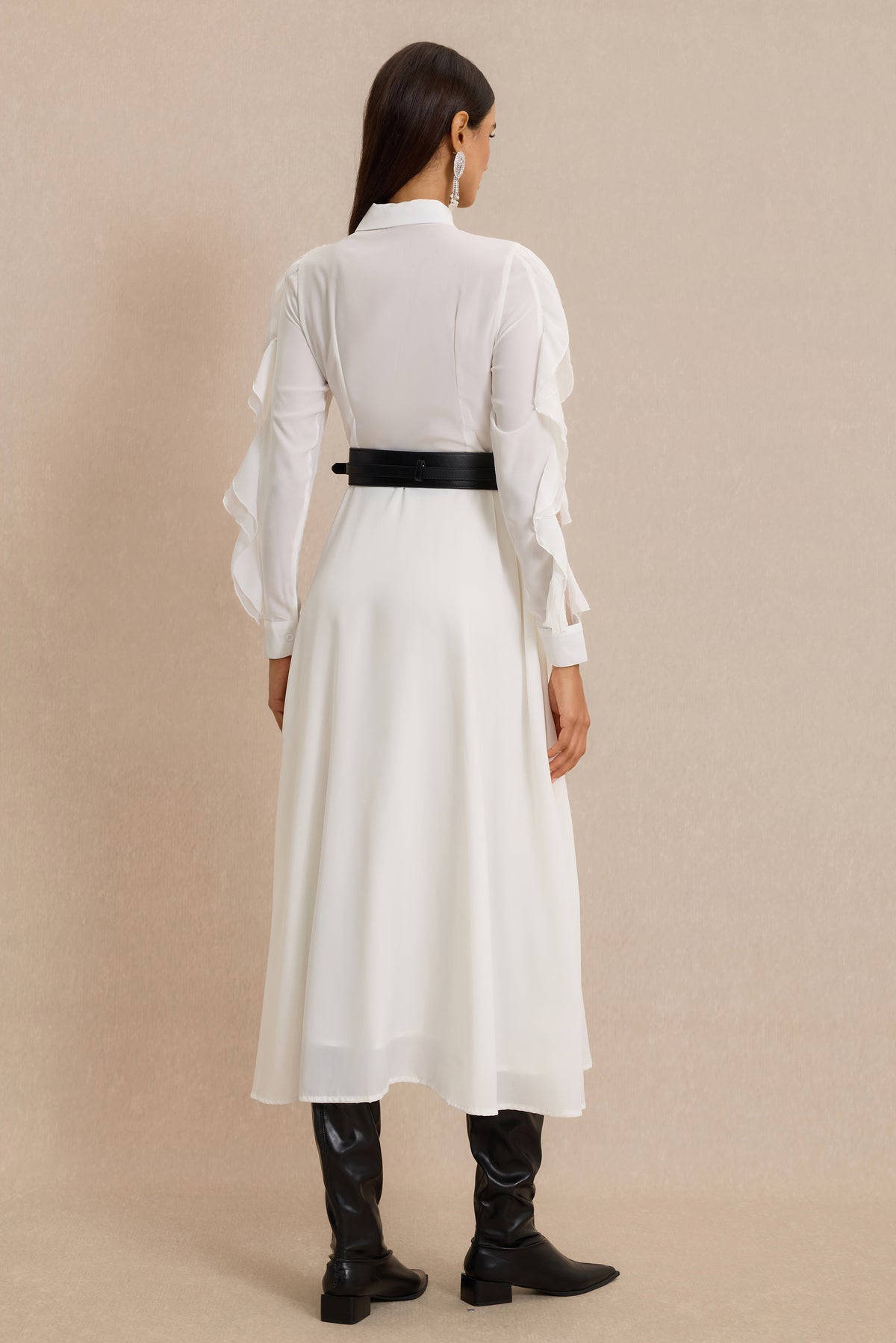 Ruffle Shirt Collar Midi Dress With Belt