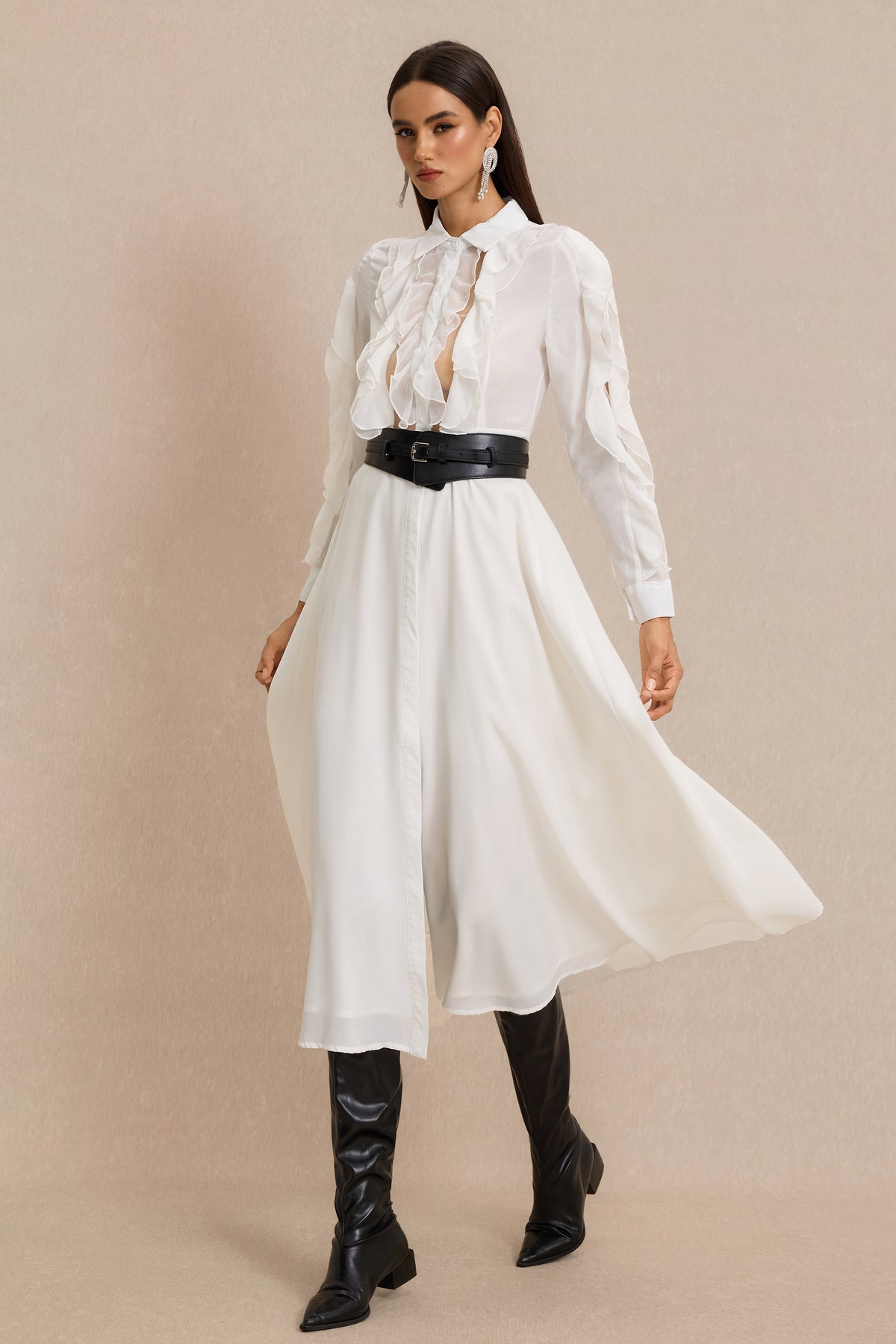 Ruffle Shirt Collar Midi Dress With Belt