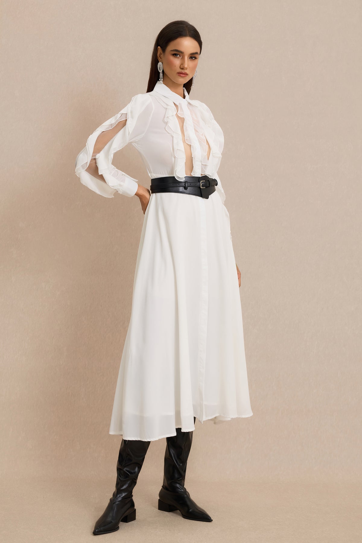 Ruffle Shirt Collar Midi Dress With Belt