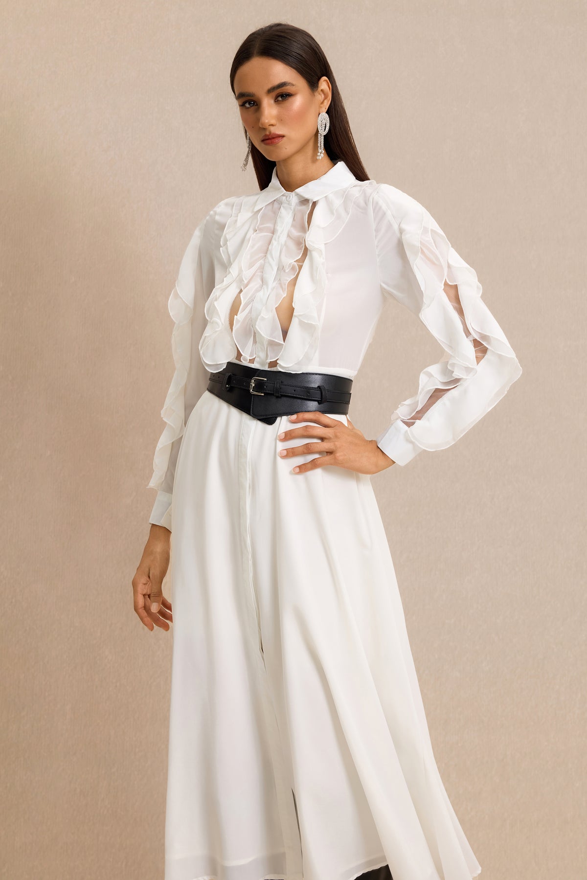 Ruffle Shirt Collar Midi Dress With Belt