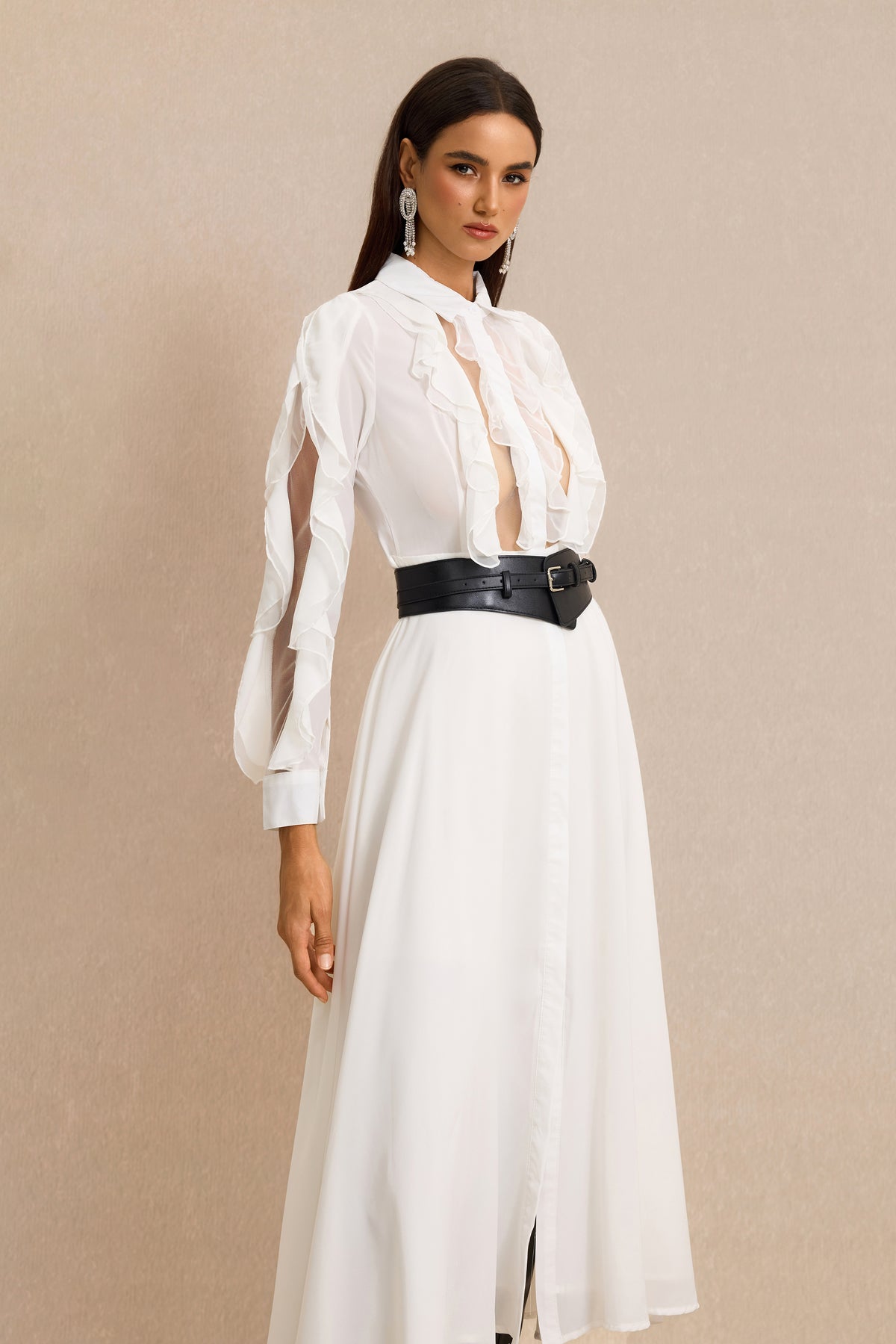 Ruffle Shirt Collar Midi Dress With Belt