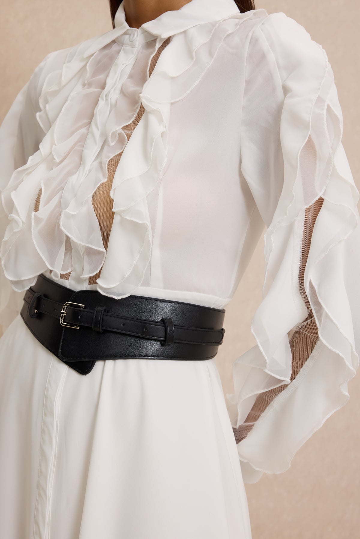 Ruffle Shirt Collar Midi Dress With Belt