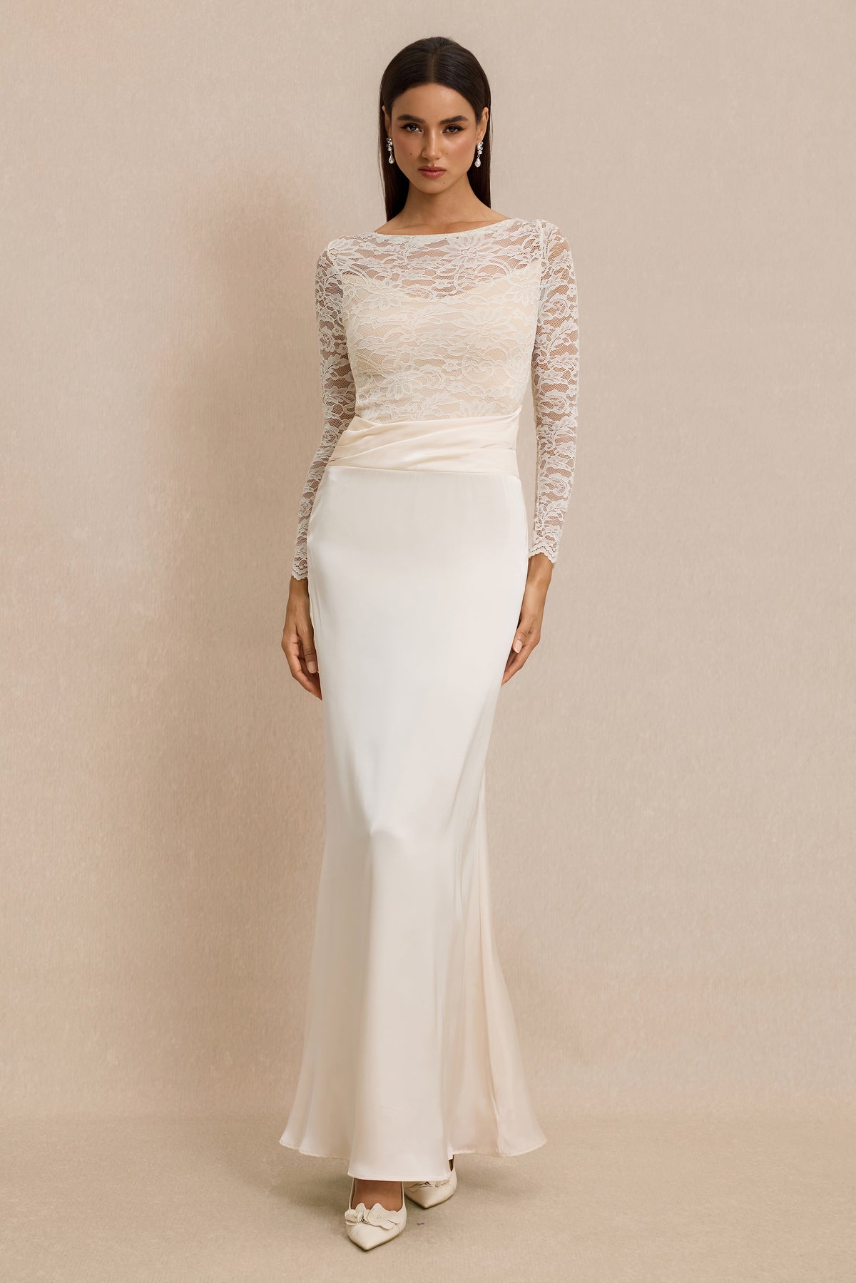 Pleat Lace Long Sleeve Bodycon Maxi Dress