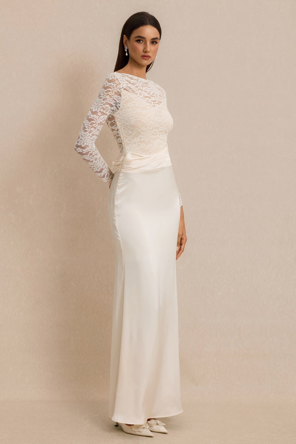 Pleat Lace Long Sleeve Bodycon Maxi Dress