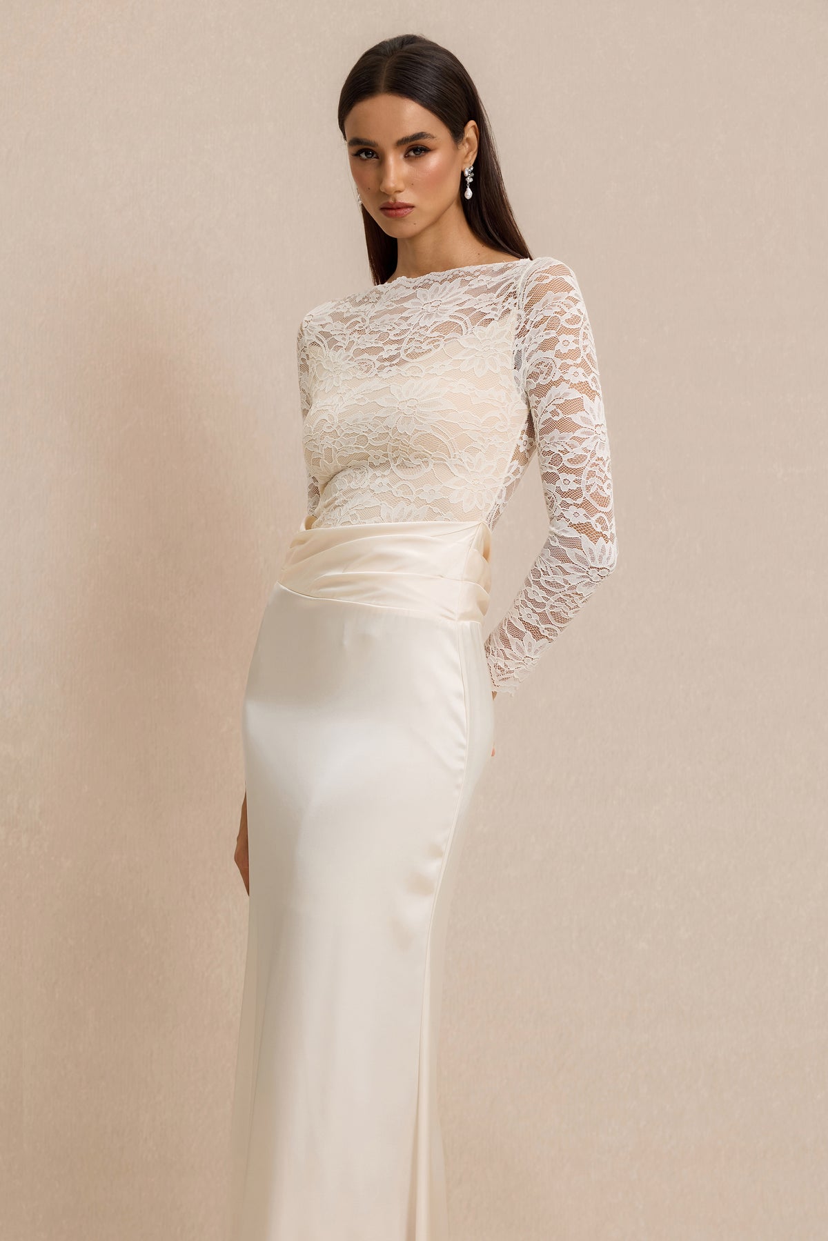 Pleat Lace Long Sleeve Bodycon Maxi Dress