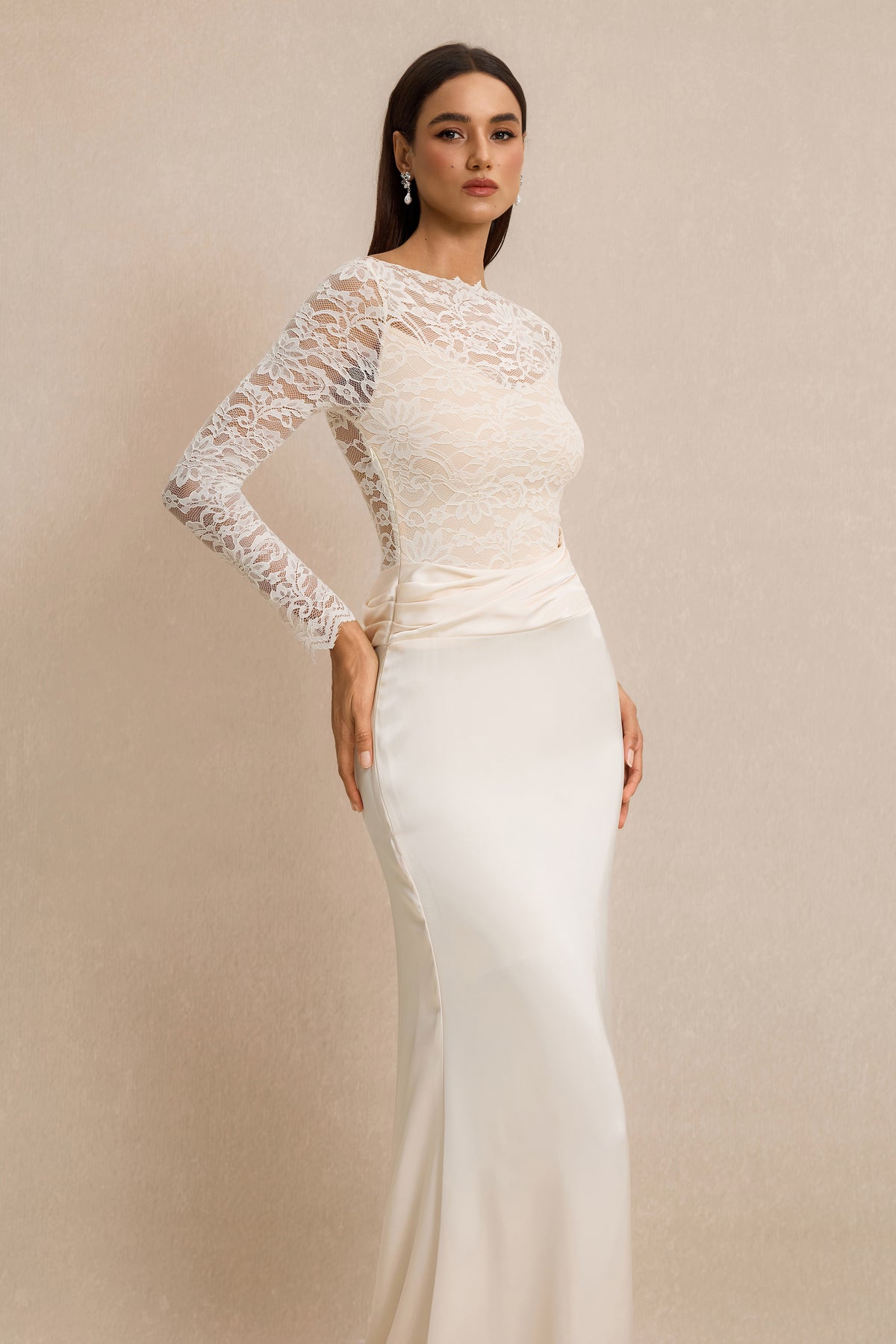 Pleat Lace Long Sleeve Bodycon Maxi Dress