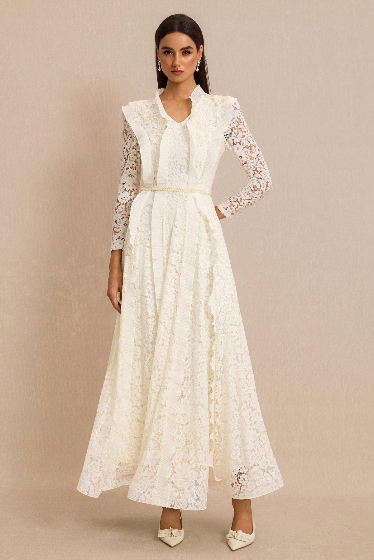 Lace 3D Flower Frill Maxi Dress With Belt