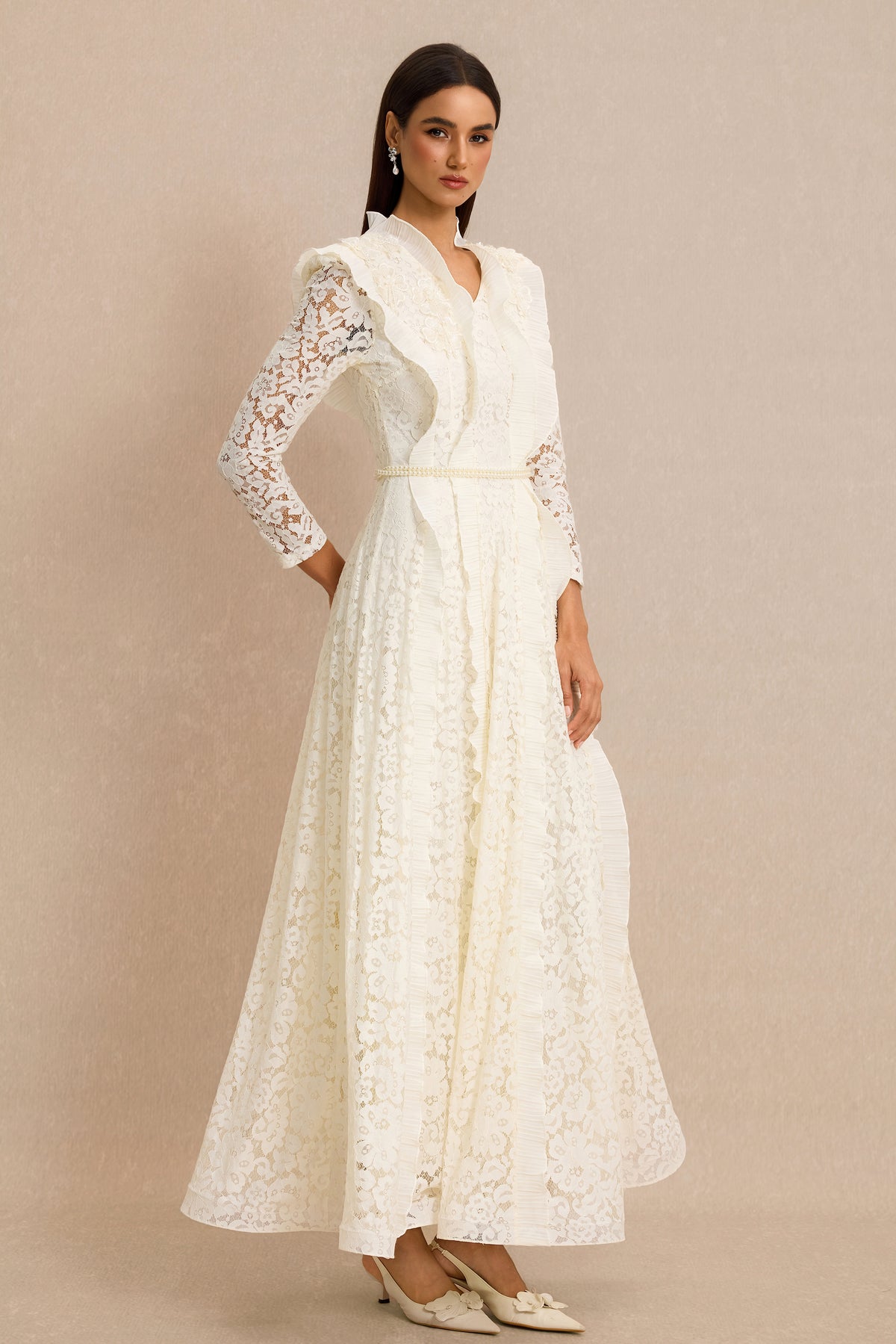 Lace 3D Flower Frill Maxi Dress With Belt