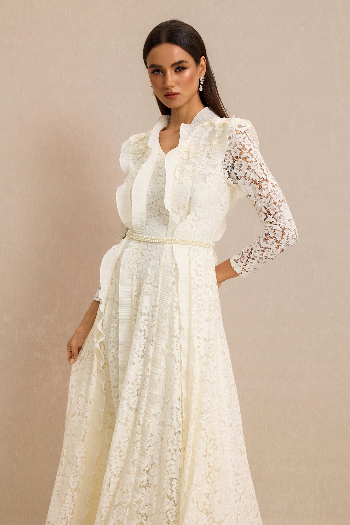 Lace 3D Flower Frill Maxi Dress With Belt