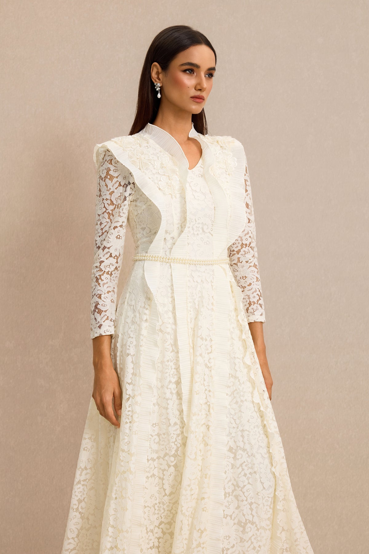 Lace 3D Flower Frill Maxi Dress With Belt