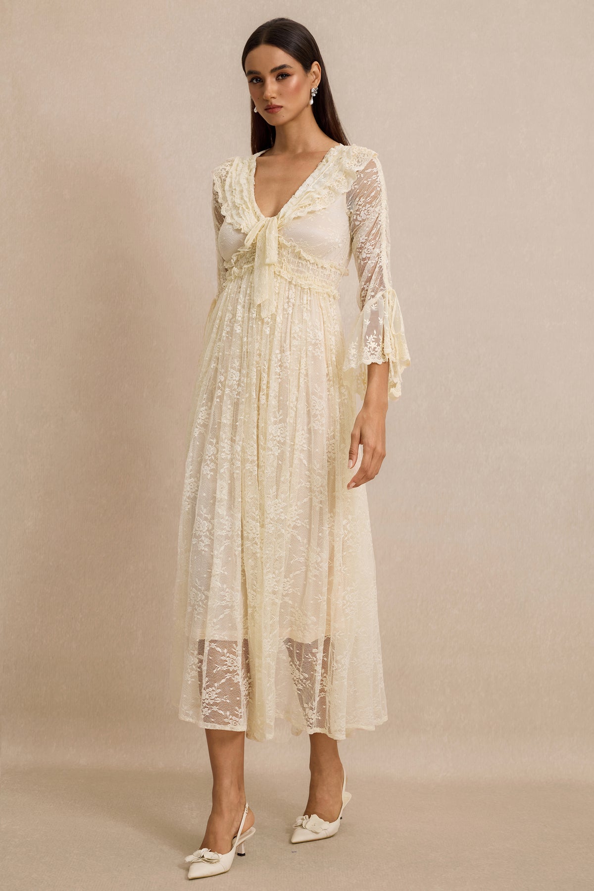 Lace Shirring Lace-Up Midi Dress