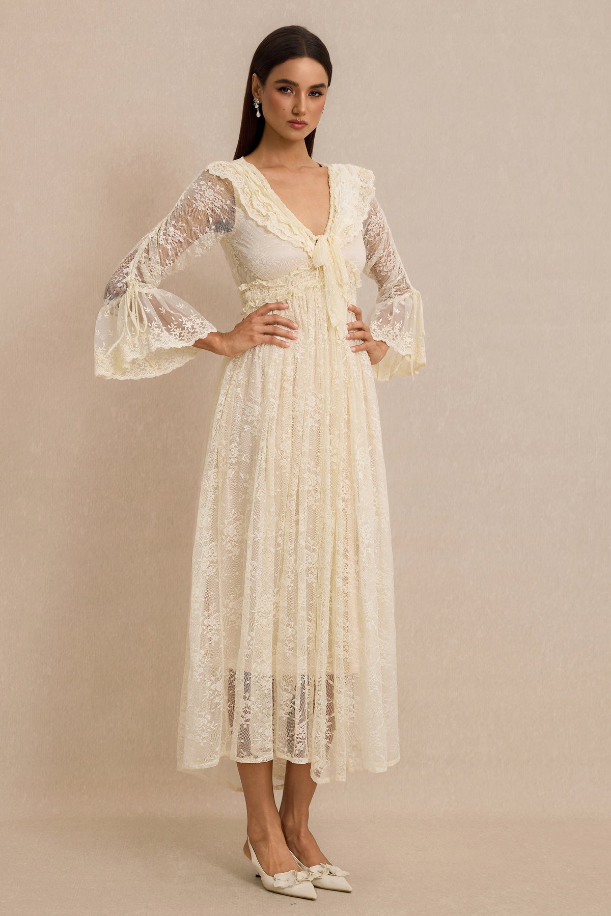 Lace Shirring Lace-Up Midi Dress