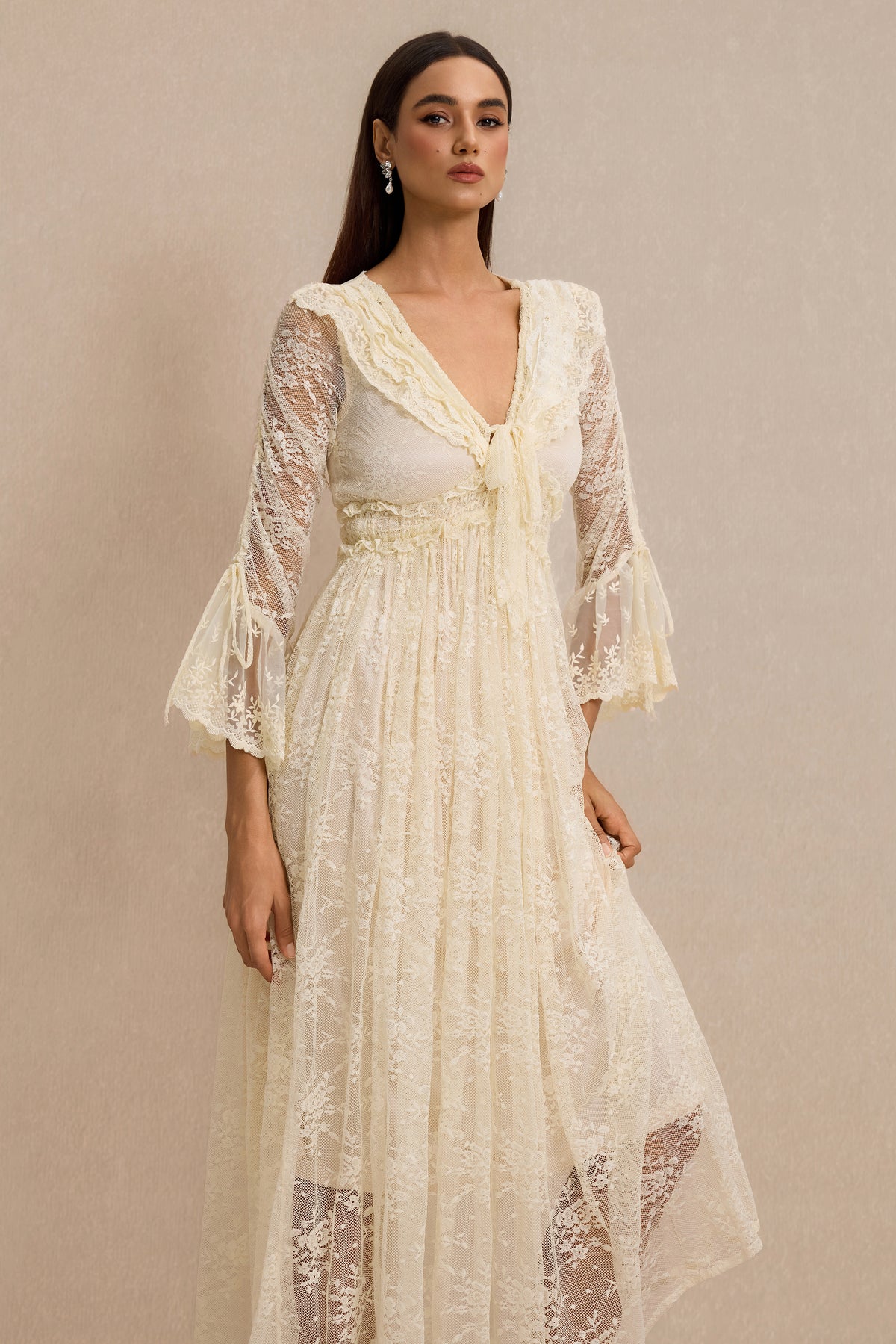 Lace Shirring Lace-Up Midi Dress