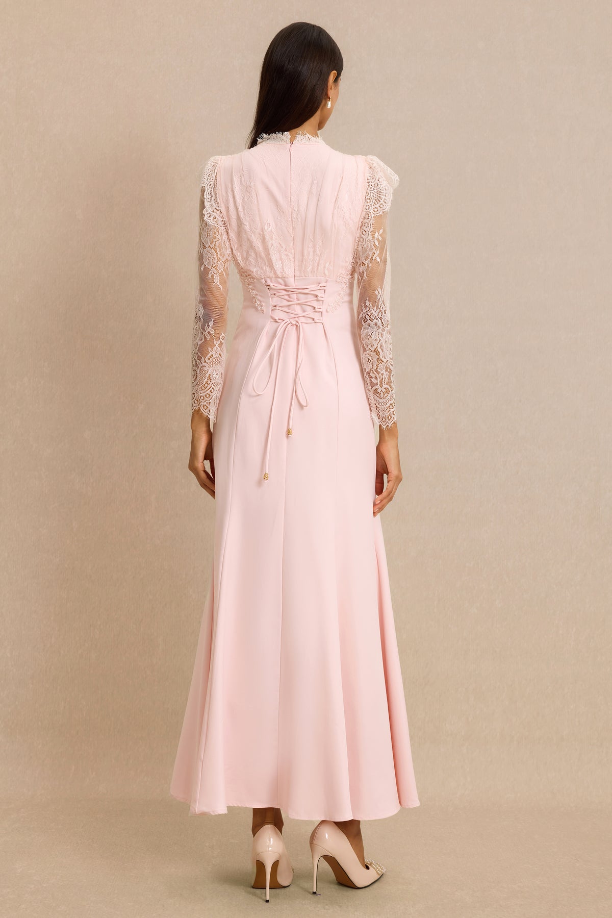 Lace V-Neck Nail Bead Embroidery Midi Dress