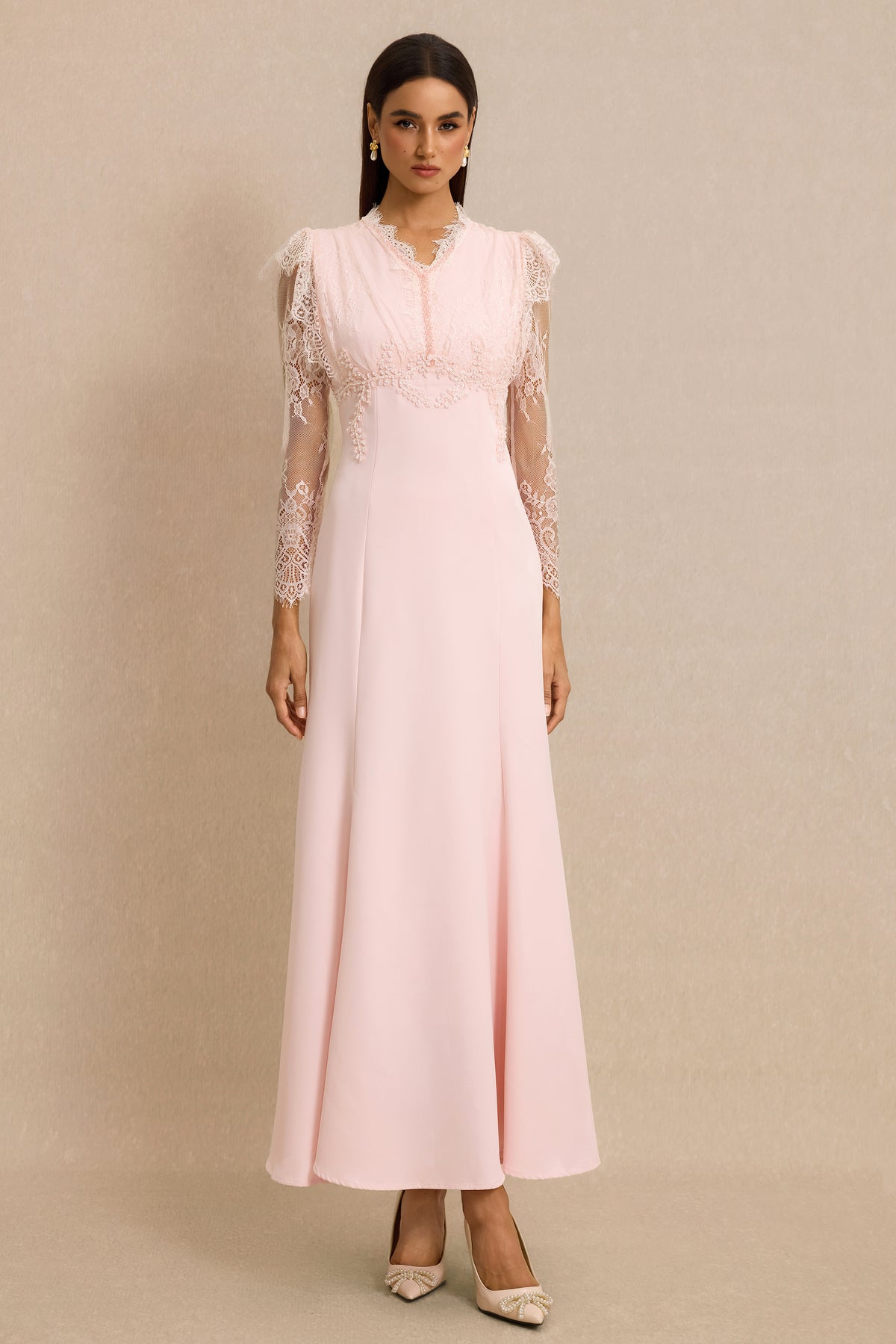 Lace V-Neck Nail Bead Embroidery Midi Dress
