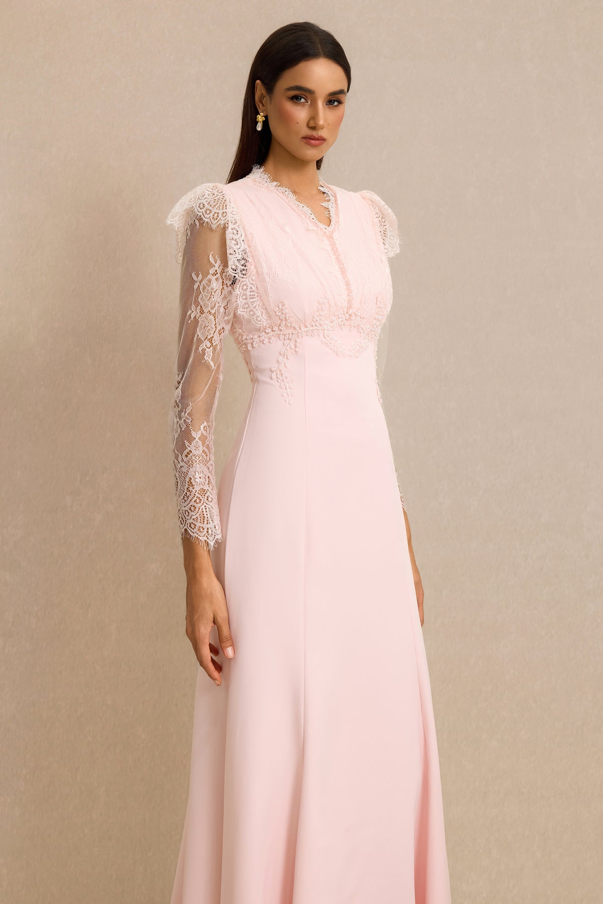 Lace V-Neck Nail Bead Embroidery Midi Dress
