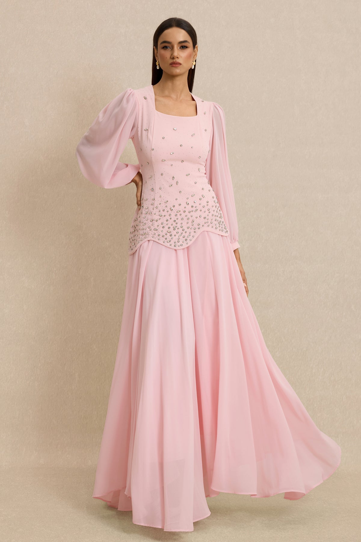Square Collar Rhinestone Top & Mid Waist Maxi Skirt Set