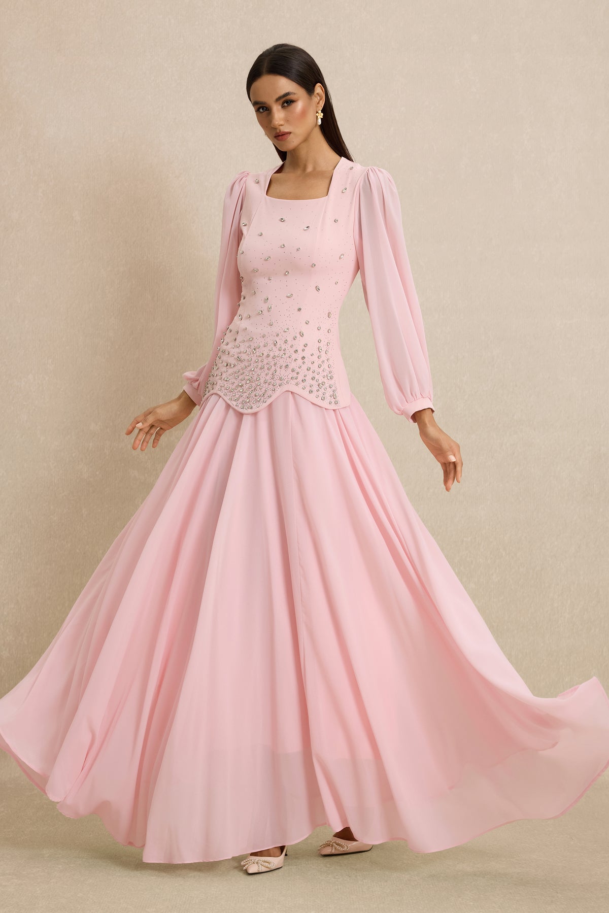 Square Collar Rhinestone Top & Mid Waist Maxi Skirt Set